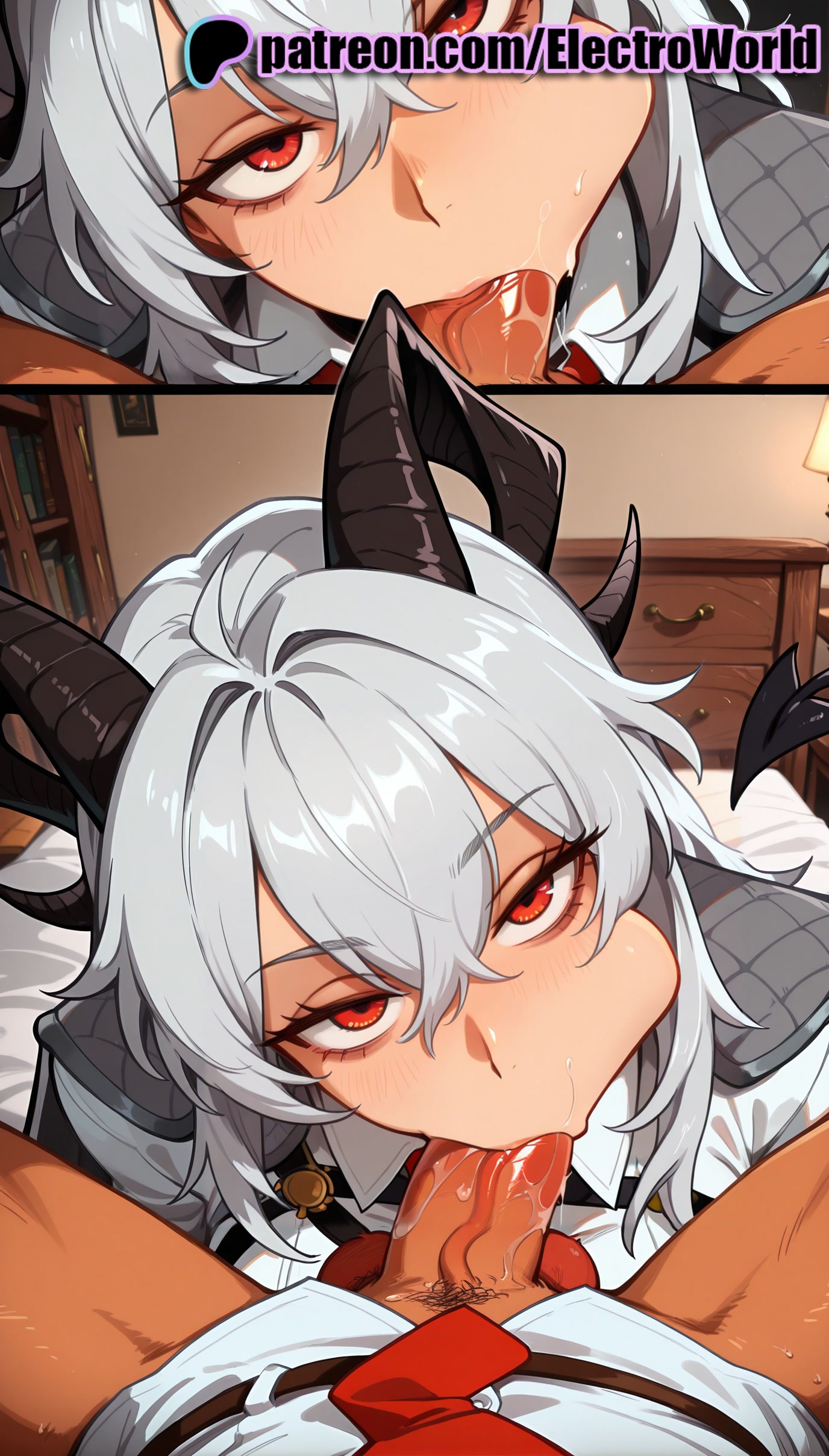 :>=, 1boy, 1girls, 2025, ai generated, artist name, blowjob, blowjob face, blush, cock, dick, electroworld, fellatio, female, hi res, high quality, high resolution, highres, horns, licking, long hair, male, multiple females, multiple girls, oral, oral sex, patreon, patreon username, penis, pov, red eyes, shirt, stable diffusion, straight, sucking, under the table, watermark, wuthering waves, zani (wuthering waves)