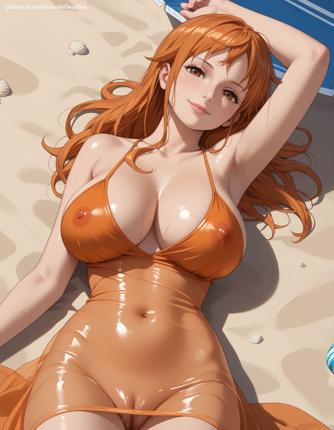 1girls ai_generated arm_up armpits artist_name bangs bare_shoulders beach breasts brown_eyes cleavage closed_mouth clothing collarbone covered_navel covered_nipples dress female female_only large_breasts lips long_hair looking_at_viewer lordofwaifus lying nami_(one_piece) nipples on_back one_piece orange_dress orange_eyes orange_hair outdoors patreon pussy sand see-through shiny shiny_skin smile solo swimsuit web_address wet