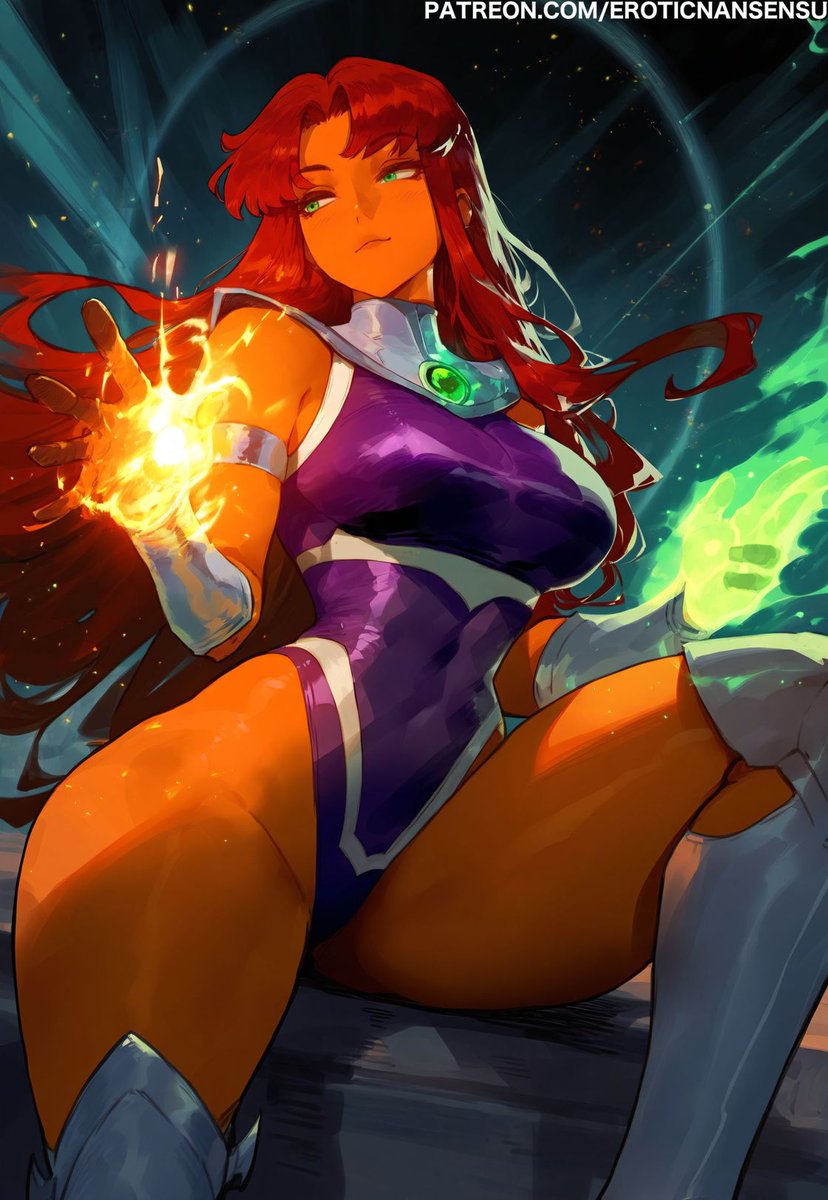 1girls, 2d, 2d (artwork), ai assisted, ai generated, alien, alien girl, artist name, ass, breasts, dc, dc comics, digital drawing (artwork), erotic nansensu, female, female focus, female only, large breasts, looking away, red hair, solo, starfire, teen titans, thick thighs, thighs, wide hips