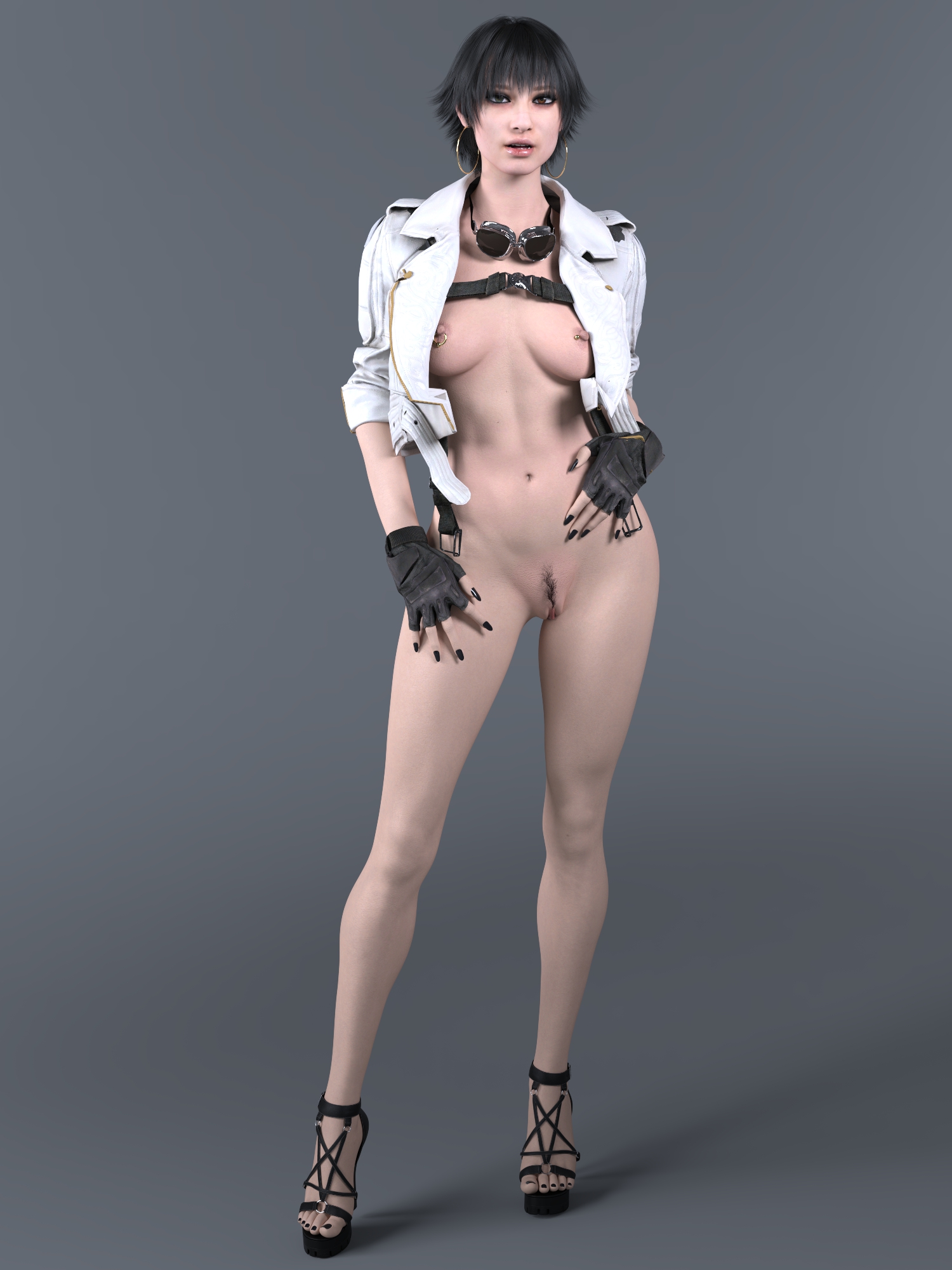 1girls, 3d, bottomless, bottomless female, daz studio, devil may cry, devil may cry (series), female, female only, fingerless gloves, full body, gloves, heterochromia, high heels, jacket, lady (devil may cry), naked footwear, nipple piercing, nipples, piercing, platform heels, solo, white jacket, zauselzaus