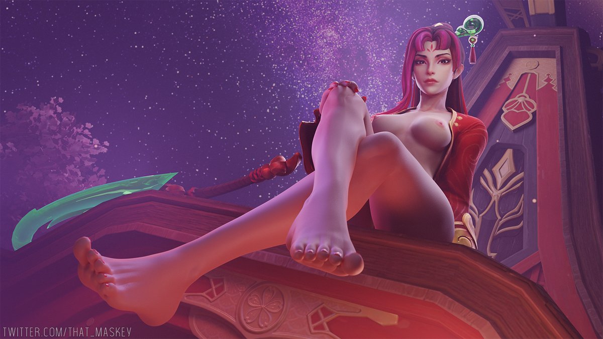 1girls, 3d, aspect host, breasts, breasts out, crossed legs, diana (league of legends), feet, female, female focus, female only, firecracker diana, league of legends, legs, lunar new year, lunar revel series, medium breasts, open clothes, posing, red hair, solo, solo female, solo focus, that maskey, toenail polish, toes