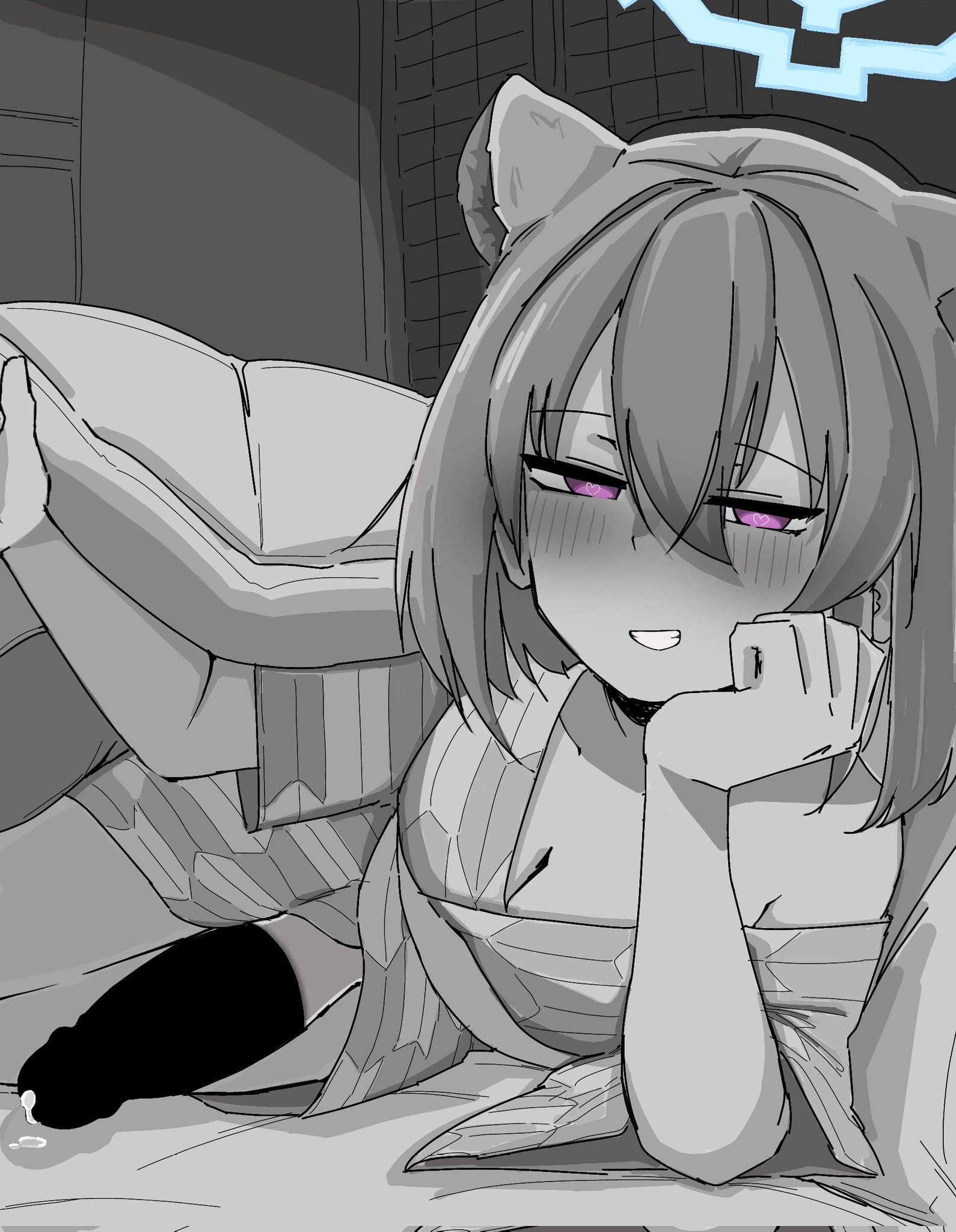 1futa, bagaponchi, bathrobe, blue archive, censored, clothed, clothing, erection, futa only, futanari, halo, intersex, limited palette, monochrome, mostly clothed, penis, shigure (blue archive), shigure (hot spring) (blue archive), solo