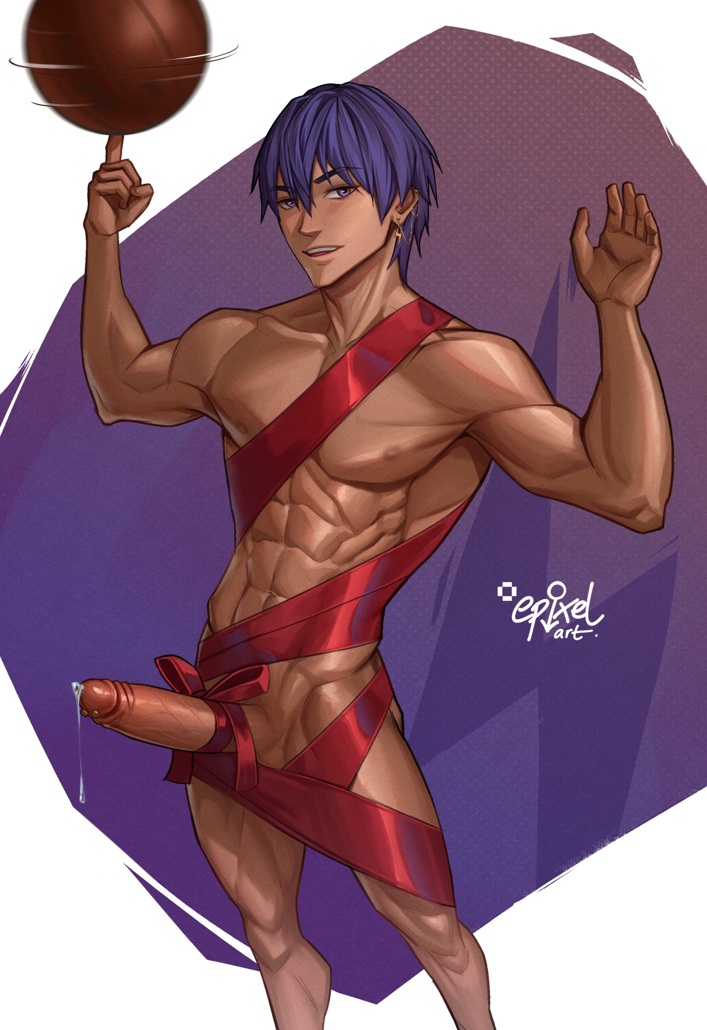 1boy, athlete, athletic male, baskitball, baskitball player, cum, cumming, epixelart, jock studio, male, male only, nude guy wrapped in ribbons standing (meme), precum, precum drip, purple eyes, purple hair, solo, zayne alexander