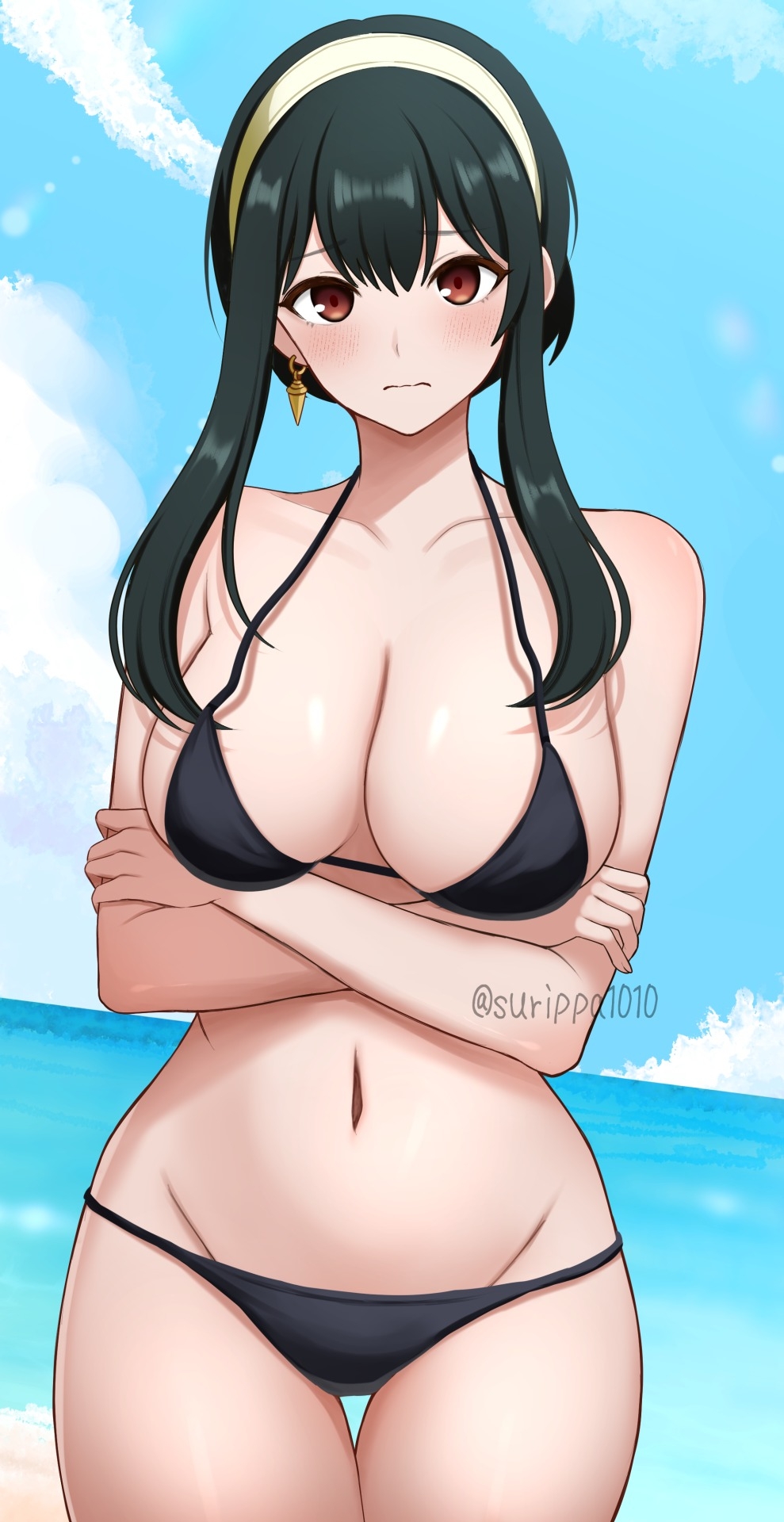 1girls, alluring, beach, big breasts, bikini, black hair, blue sky, breasts, cleavage, female, female only, milf, ocean, pin up, red eyes, solo, spy x family, surippa1010, under boob, yor briar, yor forger