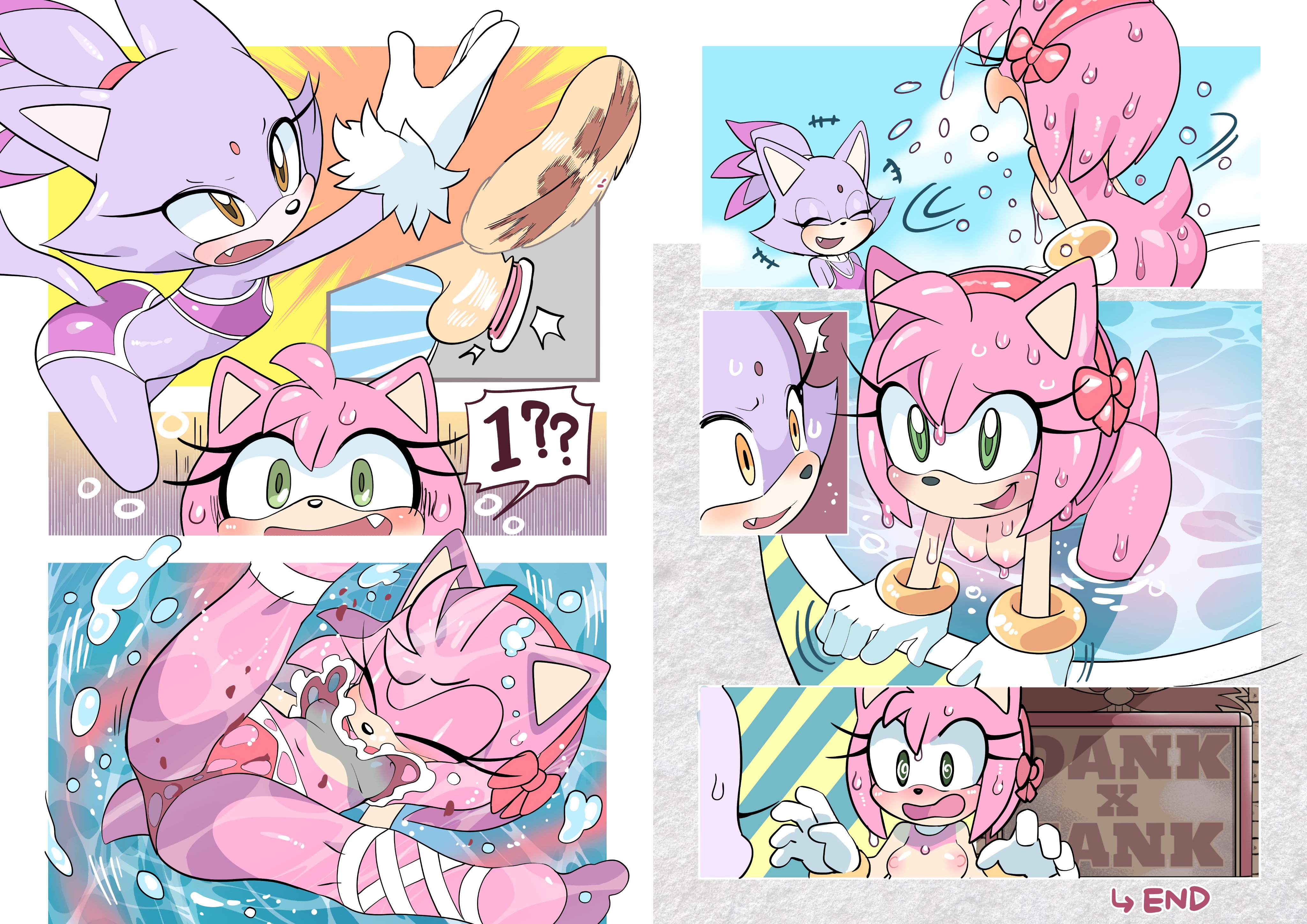 2022, 2girls, absurd res, acid, amy rose, anthro, arched back, areola, bent over, big pupils, bikini, black nose, blaze the cat, blush, bodily fluids, bracelet, breasts, brown eyes, closed eyes, clothing, comic, destroyed clothing, digital media (artwork), dilated pupils, dissolving clothing, domestic cat, dunk tank, duo, embarrassed, eulipotyphlan, eyelashes, falling, fangs, felid, feline, felis, female, female only, female/female, flat chested, forehead gem, fur, gem, glistening, glistening body, gloves, gloves only, green eyes, handwear, handwear only, hanging breasts, happy, head tuft, hedgehog, hi res, in pool, jewelry, leaning, leaning forward, mammal, mostly nude, motion lines, multicolored body, multicolored fur, nervous smile, nipples, open mouth, open smile, oposa, perky butt, pink areola, pink body, pink fur, pink nipples, pupils, purple bikini, purple body, purple clothing, purple fur, purple swimwear, question mark, red bikini, red clothing, red hair bow, red hairband, red swimwear, screaming, sega, shocked, small breasts, smile, sonic (series), sonic the hedgehog (series), speech bubble, spread legs, spreading, sweat, swimwear, teeth, throwing object, tuft, two-piece swimsuit, underwater, uyu, water, wet, wet body, white body, white fur, yelling
