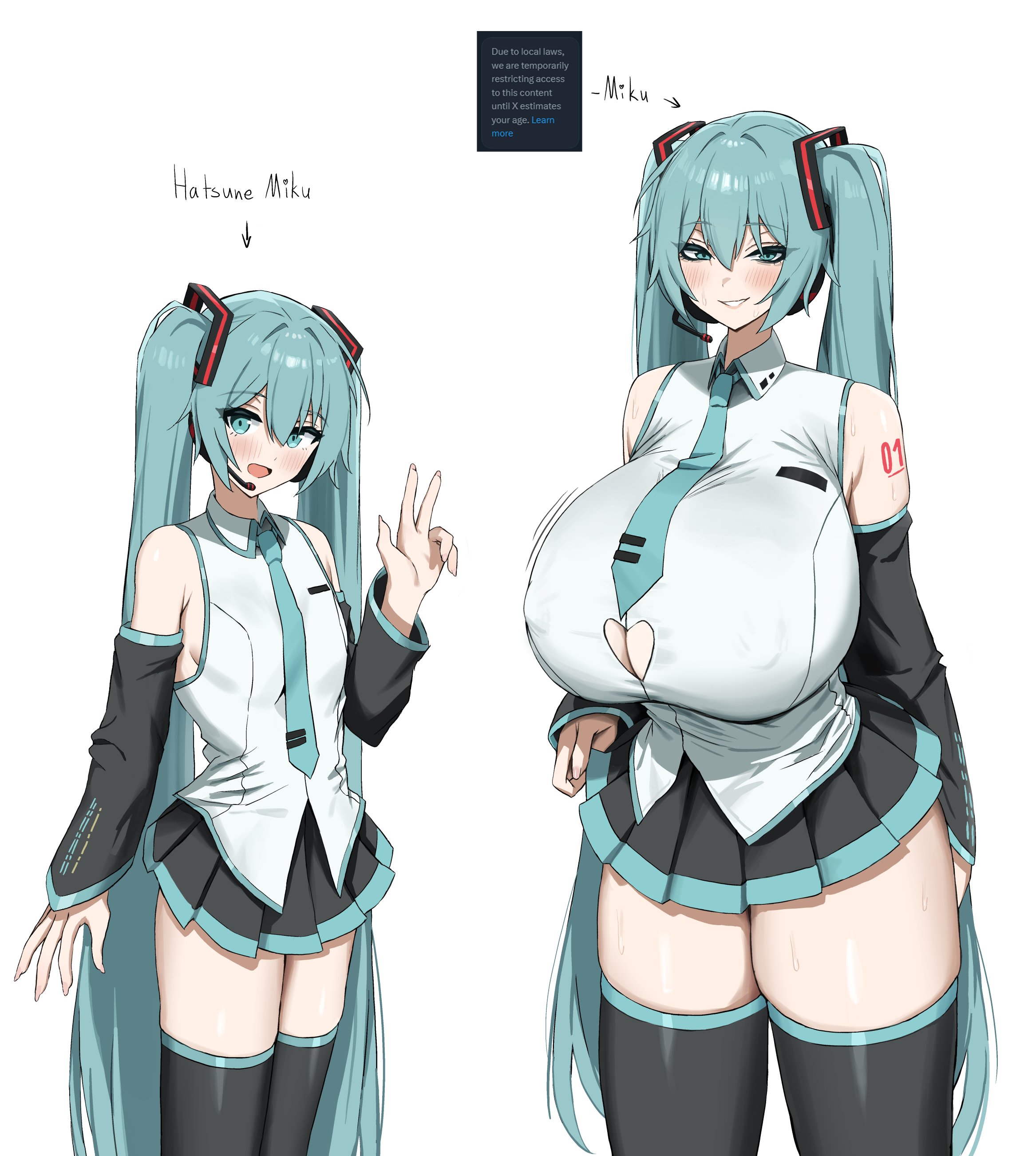 1girl, 2girls, alternate breast size, aqua eyes, aqua hair, bare shoulders, big breasts, blue hair, blue-haired female, blush, breasts, cleavage, clothing cutout, covered nipples, detached sleeves, dotthebot, female, gigantic breasts, hatsune miku, headset, huge breasts, large breasts, light skin, light-skinned female, long hair, looking at viewer, multiple views, necktie, peace sign, pleated skirt, shirt, short female, size difference, skirt, sleeveless, smile, taller female, tattoo, thick thighs, thighhighs, thighs, twintails, twintails (hairstyle), very long hair, vocaloid, white background