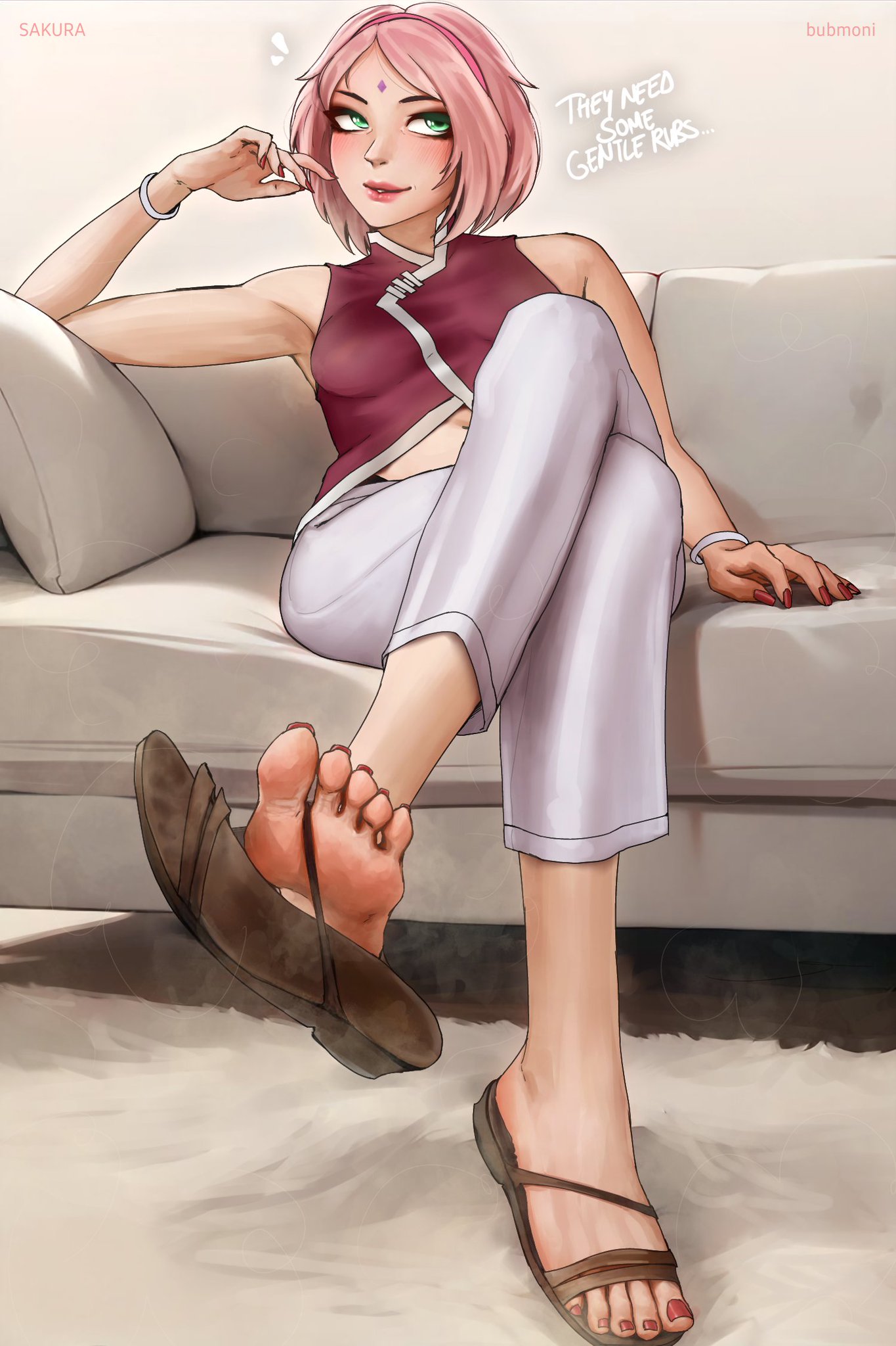 1girls, armpits, arms up, barefoot, between toes, boruto: naruto next generations, breasts, bubmoni, clothed, feet, feet up, female, foot fetish, foot focus, foot play, foot worship, footprint, footprint on sandals, forehead mark, green eyes, lipstick, long fingernails, long legs, long toenails, musk, musk clouds, musky feet, naruto, naruto (classic), naruto (series), naruto shippuden, painted nails, painted toenails, pink hair, red nails, red toenails, sakura haruno, sandals, seductive, seductive eyes, seductive gaze, seductive look, seductive mouth, seductive pose, seductive smile, sitting, small breasts, smelly, smelly feet, sofa, solo, steam, steamy, steamy feet, sweat stain, toes