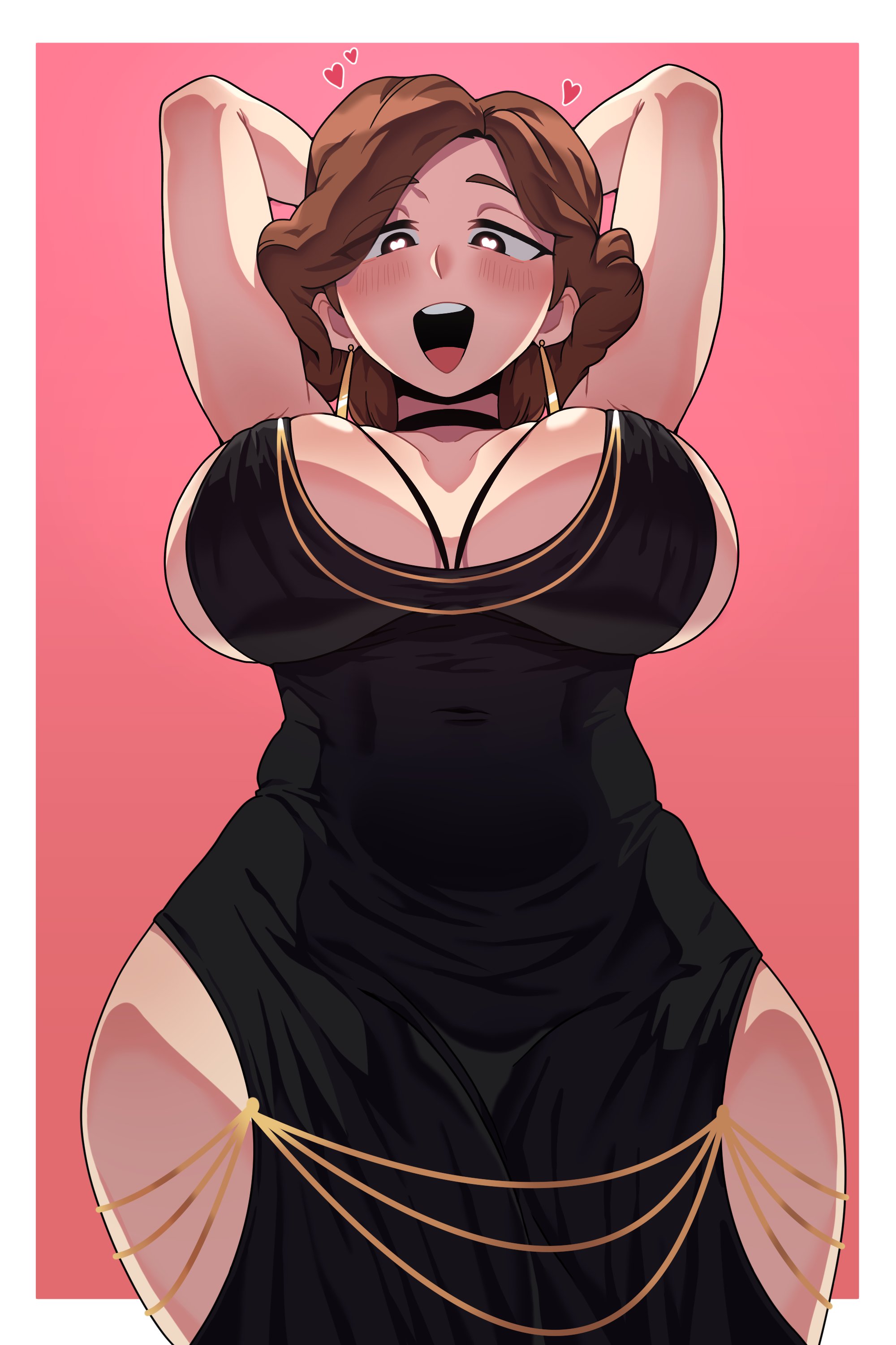 1girls, big breasts, black dress, black eyes, blush, breasts, brown hair, cleavage, clothing, dress, ear piercing, earrings, exposed hips, female, female only, girin, hair, hands behind head, heart, heart-shaped pupils, hearts around head, hilda (series), hip cleavage, hips, huge breasts, johanna (hilda), looking down, mature, mature female, mature woman, milf, modakawa dress, mother, short hair, solo, solo female, wide hips