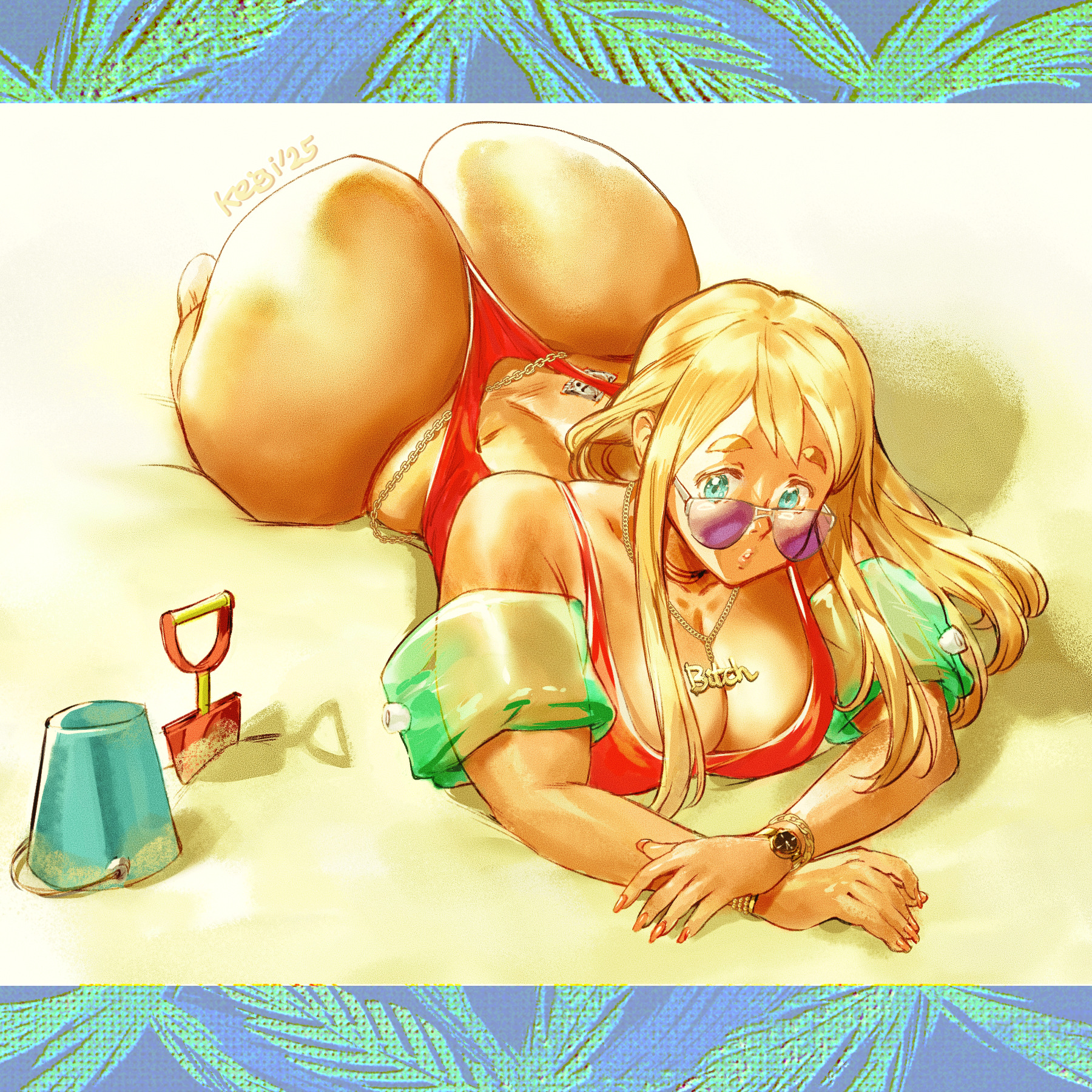 1girls, ass, big ass, big breasts, big butt, blonde hair, blue eyes, breasts, bubble ass, bubble butt, curvy, fat ass, female, female only, huge ass, k-on!, keigi, keigi (artist), large ass, large breasts, long hair, looking over eyewear, looking over sunglasses, lying, lying on stomach, necklace, on stomach, one-piece swimsuit, solo, solo female, sunglasses, swimsuit, thick, tinted eyewear, tsumugi kotobuki (k-on!), voluptuous, wide hips