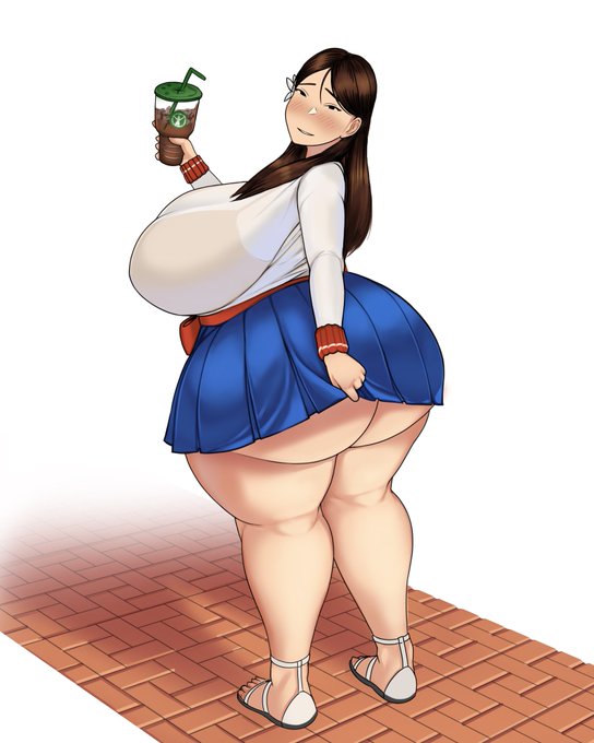 ass, bae (toroboro), big ass, breasts, drink, fat ass, female, large breasts, lifting skirt, looking back, sandals, skirt lift, thick thighs, toroboro, transparent