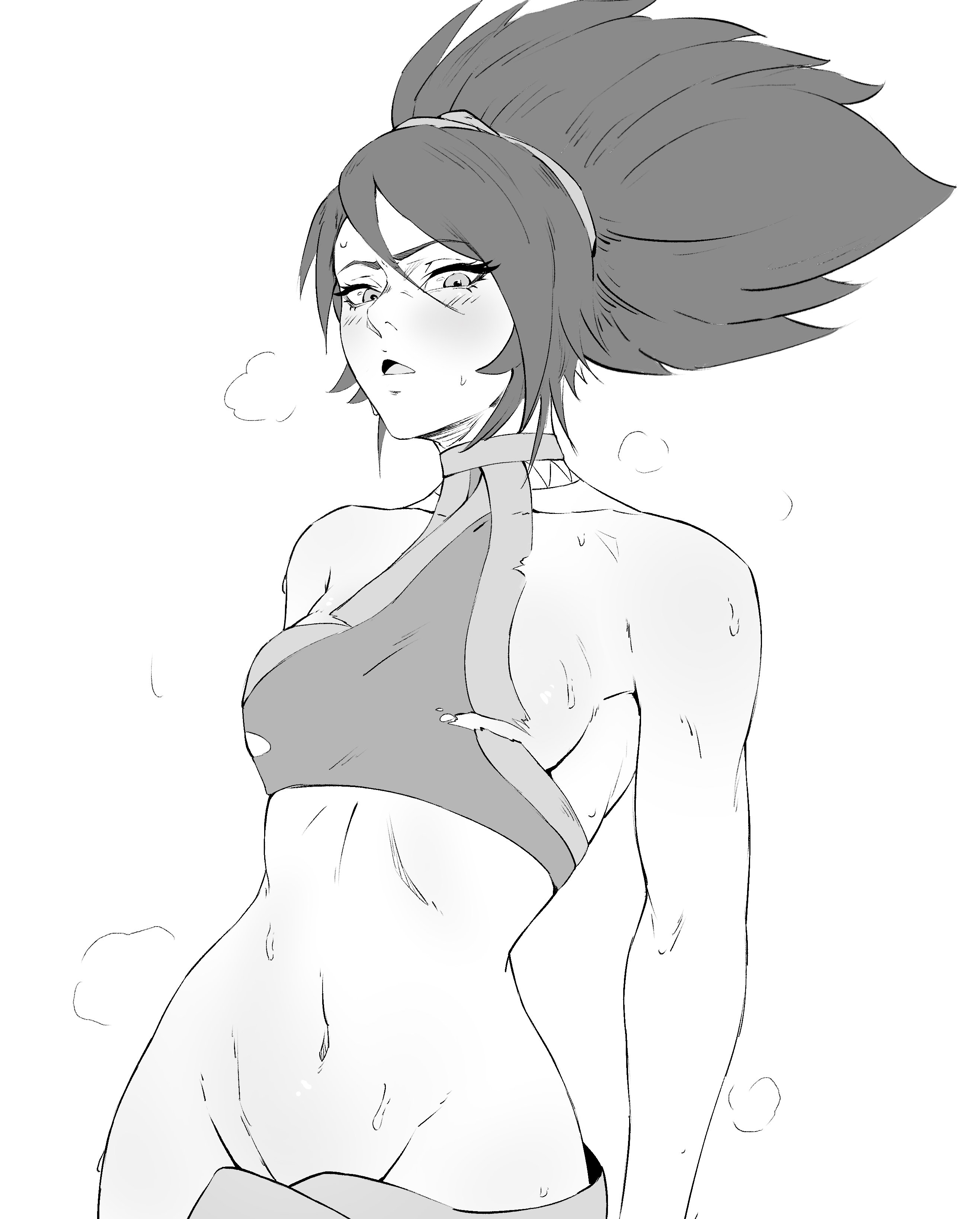 1girls, absurdres, akali, athletic, athletic female, bare shoulders, black hair, blush, blushing, bottomless, breasts, collarbone, commentary request, convenient censoring, crop top, female, female focus, female only, fit, fit female, greyscale, hair between eyes, hairband, halterneck, highres, league of legends, looking at viewer, looking down, looking down at viewer, medium breasts, mishislover, monochrome, riot games, scarf, sideboob, simple background, solo, solo female, solo focus, spanish commentary, sweat, sweatdrop, sweating, sweaty, sweaty body, torn clothes, upper bodyn, white background