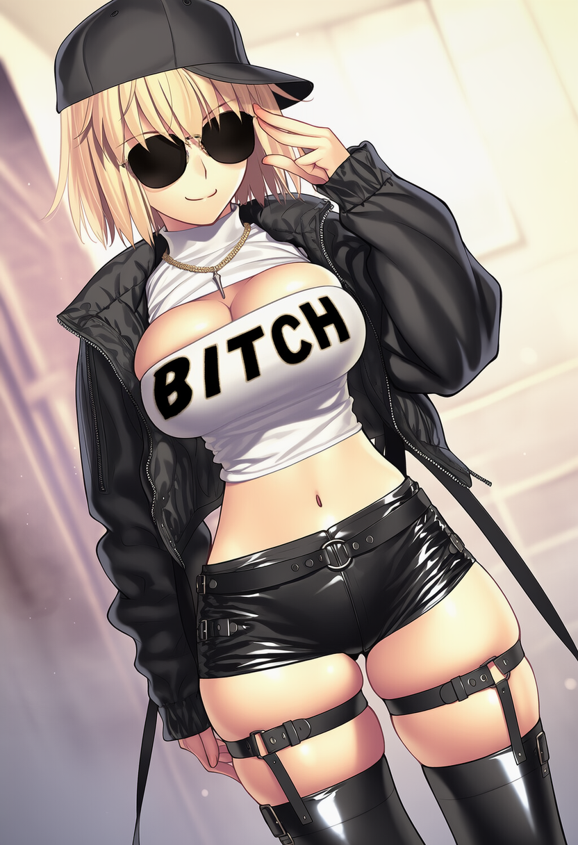 1girls ai_generated alternate_costume arcueid_brunestud bitch black_cap black_shorts blonde_hair breasts cap cleavage cleavage_cutout ghetto ghetto_fashion hips huge_breasts large_breasts melty_blood midriff mini_short navel necklace plump shirt shorts smile sunglasses thick thick_thighs thighhighs thighs tsukihime white_shirt whore wide_hips