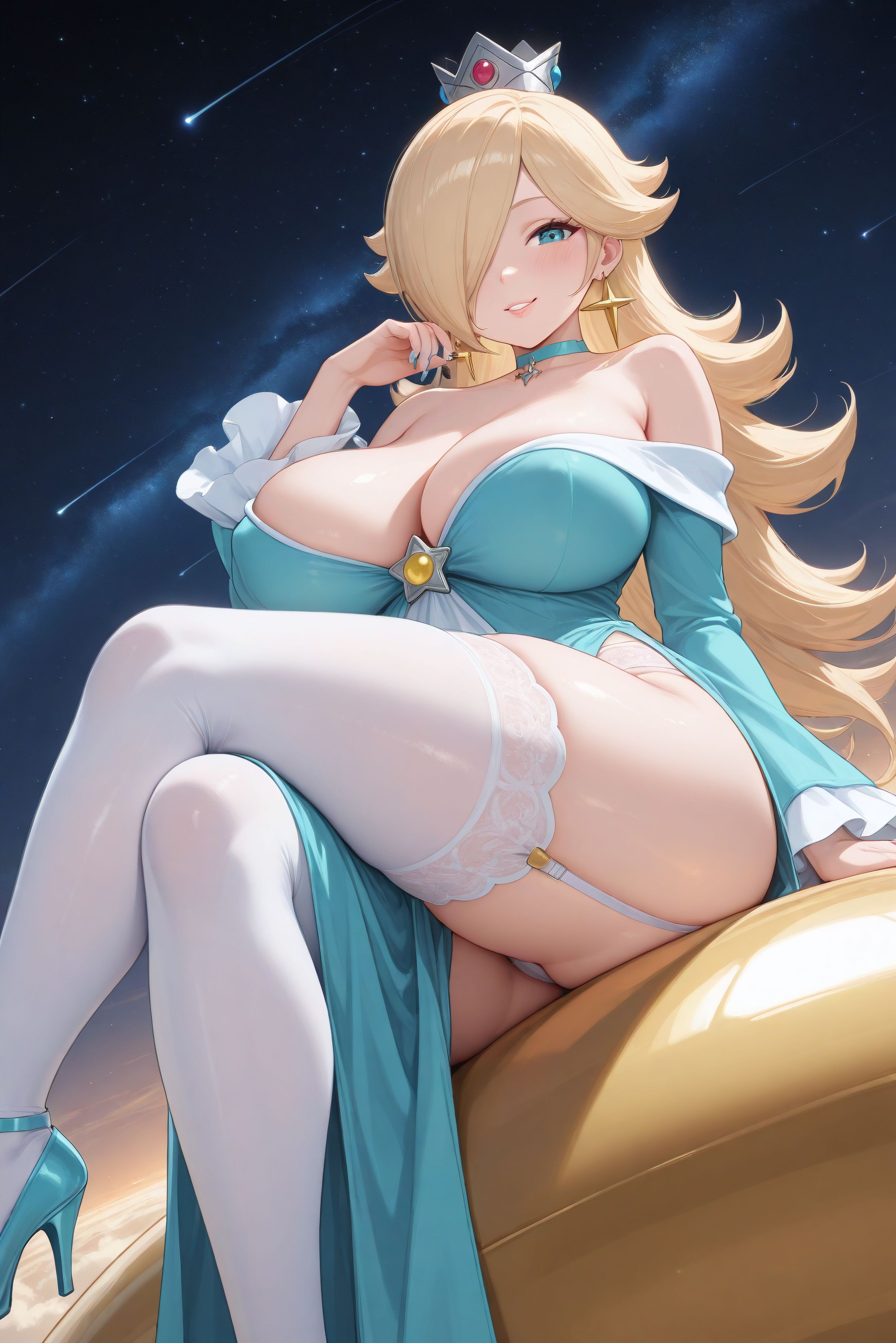 1girls, ai generated, ass, big ass, big breasts, big butt, blonde hair, blue dress, blue eyes, blue fingernails, blush, breasts, choker, cleavage, colored nails, crossed legs, crown, curvaceous, curvaceous female, curvaceous figure, curves, curvy, curvy body, curvy female, curvy figure, curvy hips, curvy thighs, cyan eyes, dress, dress lift, earring, earrings, eyelashes, female, female focus, female only, fingernails, galaxy, garter, garter belt, garter straps, garters, grin, grinning at viewer, hair ornament, hair over one eye, hi res, high heels, high quality, high resolution, highres, hips, hourglass figure, large ass, large breasts, light skin, light-skinned female, lips, lipstick, long bangs, long dress, long hair, mario (series), mature, mature female, mature woman, mommy, night, nintendo, pale skin, pale-skinned female, parted lips, pose, posing, princess, princess rosalina, robe, seductive, seductive look, seductive pose, seductive smile, self upload, sexy pose, sky, smile, smiling, smiling at viewer, space, star, super mario bros., super mario galaxy, thick ass, thick hips, thick legs, thick thighs, thigh highs, thighhighs, thighs, velutinx, voluptuous, voluptuous body, voluptuous female, wide hips, wide thighs, yellow hair