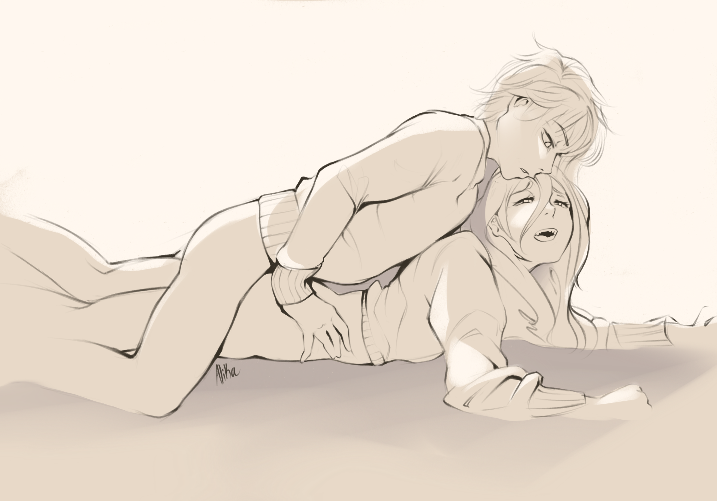 bottemless, chainsaw man, couple, cute, denji (chainsaw man), from behind position, grabbing waist, hoodie, intimate, moaning, moaning in pleasure, notalika, partially clothed, power (chainsaw man), romantic, skinny, sweater, wholesome