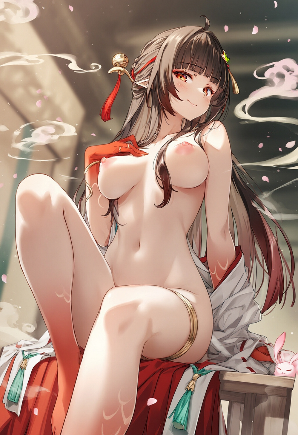 areolae, breasts, eyes, female, hair, honkai: star rail, lingsha (honkai: star rail), lips, nipples, nude