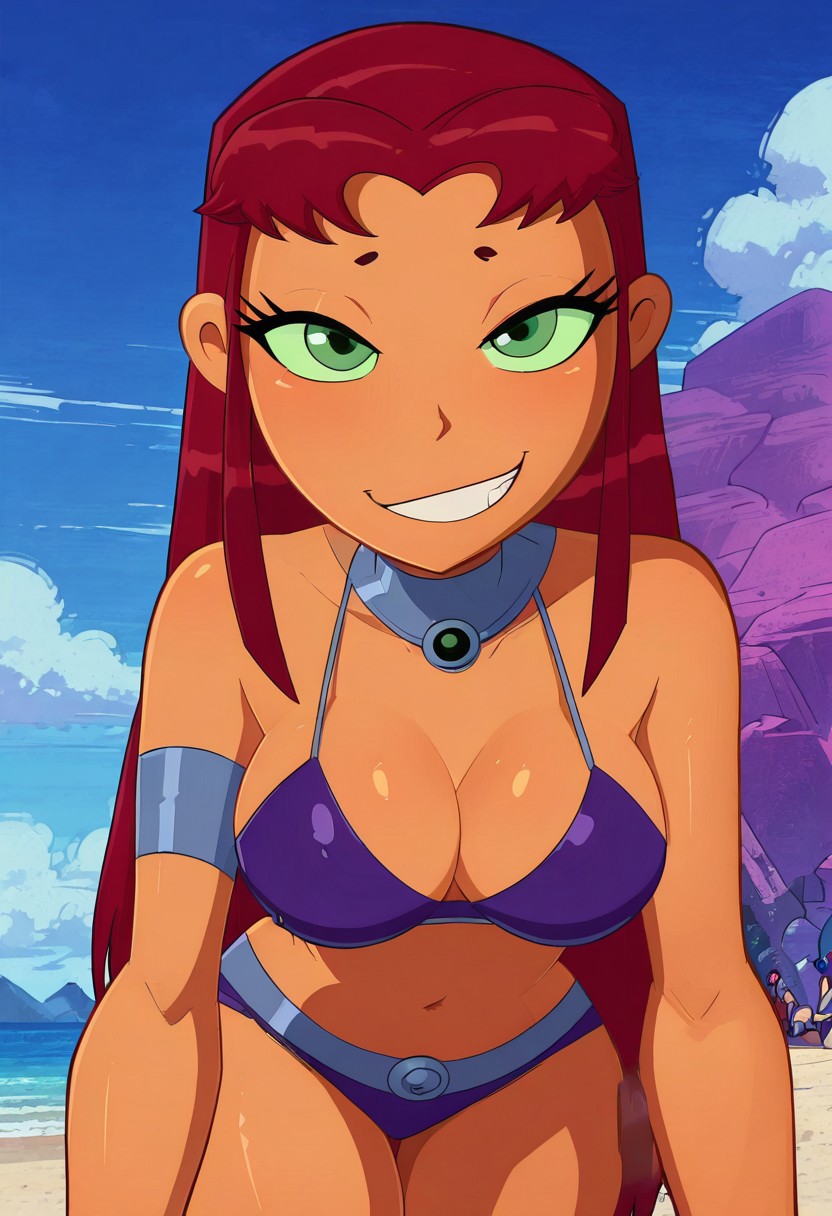 1girls 2025 ai_generated background beach bending bikini breasts civitai female green_eyes landidzu long_hair looking_at_viewer red_hair rock sand seductive seductive_eyes seductive_pose seductive_smile sky smug solo starfire tagme teen_titans teeth water