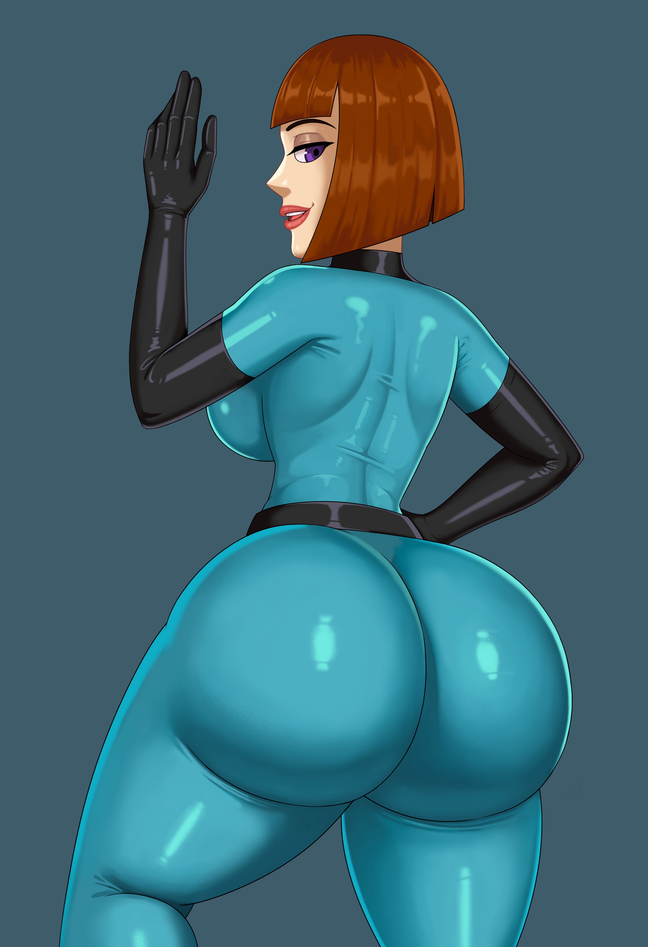 1girls, ass, ass focus, back, back view, backboob, big ass, black gloves, blue bodysuit, bodysuit, breasts, brown hair, bubble ass, bubble butt, danny phantom, dat ass, female, female only, gloves, hair, half-closed eyes, huge ass, lips, looking back, madeline fenton, magentraven, mature, mature female, mature woman, milf, mother, purple eyes, short hair, solo, solo female, thighs