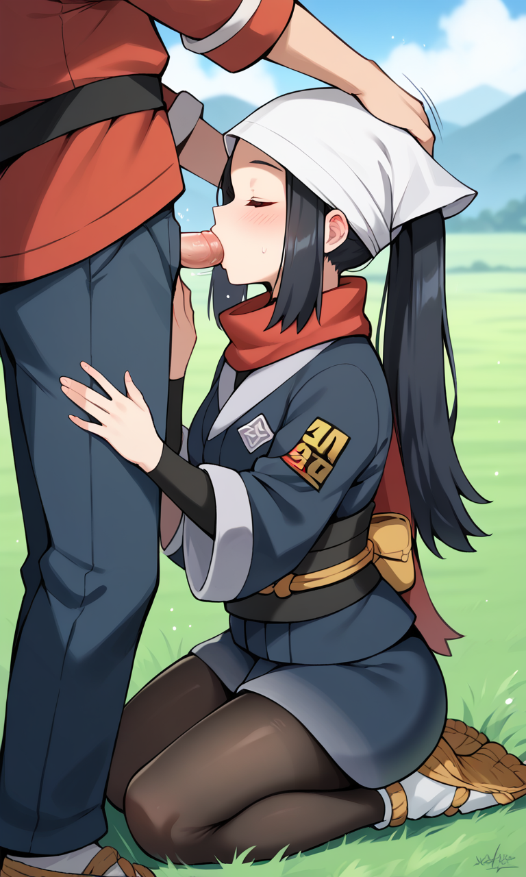 1boy, 1girls, adult female, ai generated, akari (pokemon), black hair, blowjob, blush, breasts, closed eyes, female, hand on head, headpat, japanese clothes, leggings, long hair, male, motion lines, ndsilver059, oral, oral penetration, oral sex, outdoor sex, outdoors, penis, pokemon, pokemon legends: arceus, ponytail, sex, sidelocks, small breasts, straight, straight sex, tagme