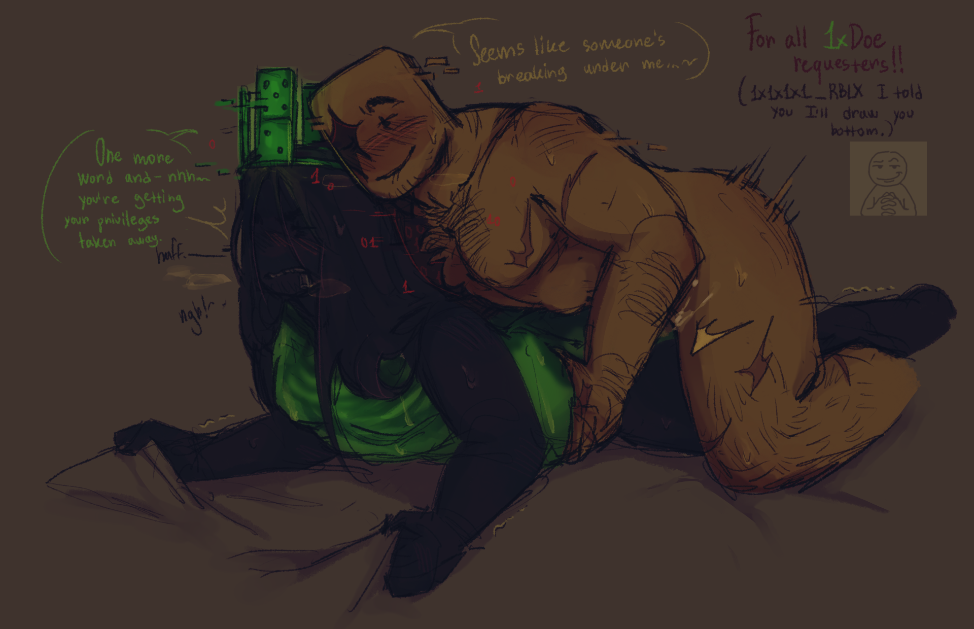 0ni0ns4n, 1x1x1x1, 1x1x1x1 (forsaken), 2boys, blush, colored, doggy style, dom/sub, dominant male, dripping cum, english text, forsaken (roblox), gay, gay domination, gay male, gay sex, glitch, glitching, glowing, glowing body, gripping sheets, hairy, hairy arms, hairy chest, hairy legs, heavy breathing, holding waist, john doe (forsaken), john doe (roblox), male, male only, male penetrating, male penetrating male, male/male, meme in the background, no background, pinned down, pinned to bed, pounding, request, roblox, roblox game, robloxian, scars, self upload, submissive male, text, transparent body