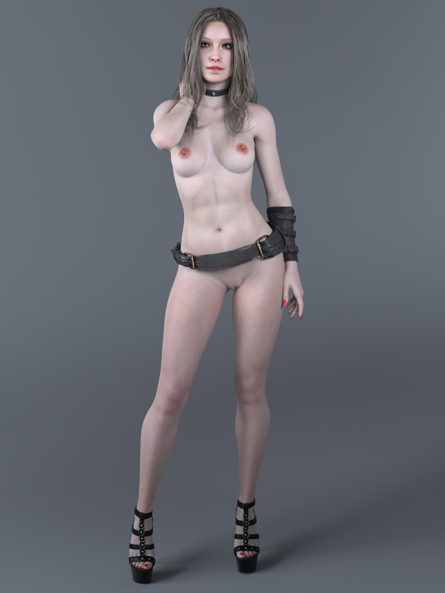 1girls, 3d, belt, choker, daz studio, devil may cry, devil may cry (series), female, female only, full body, high heels, naked footwear, nude, nude female, platform heels, pussy, solo, solo female, trish (devil may cry), zauselzaus