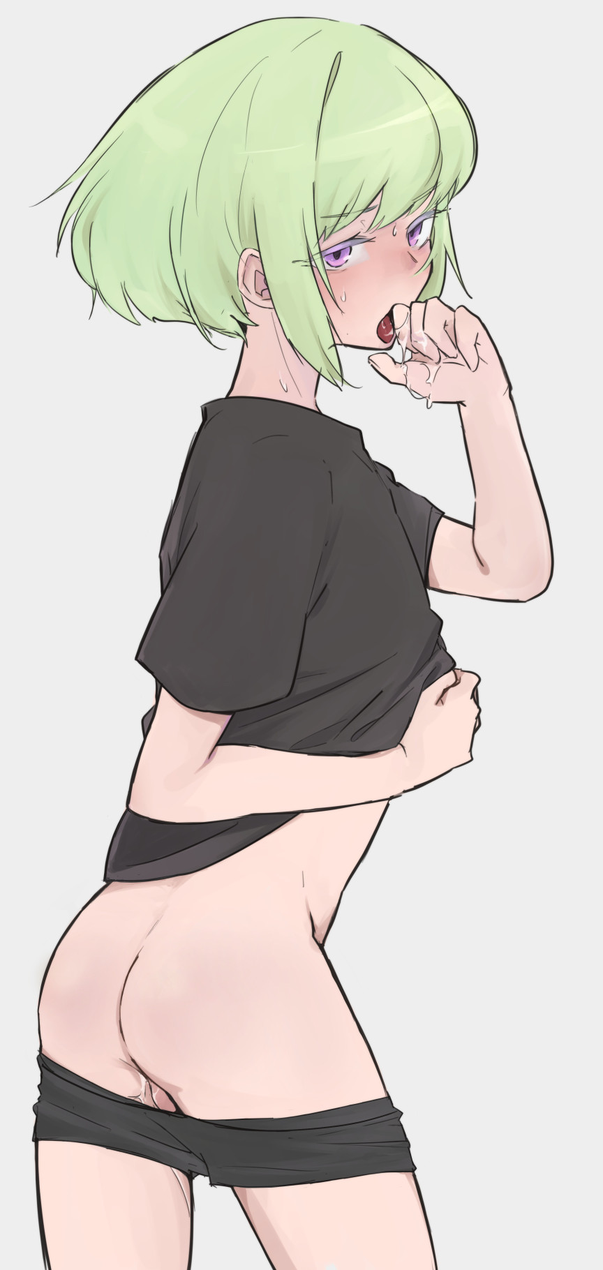 androgynous, ass, aus vaka, bedroom eyes, bottomless, femboy, lio fotia, looking at viewer, male, promare, saliva, saliva trail, suggestive look, twink