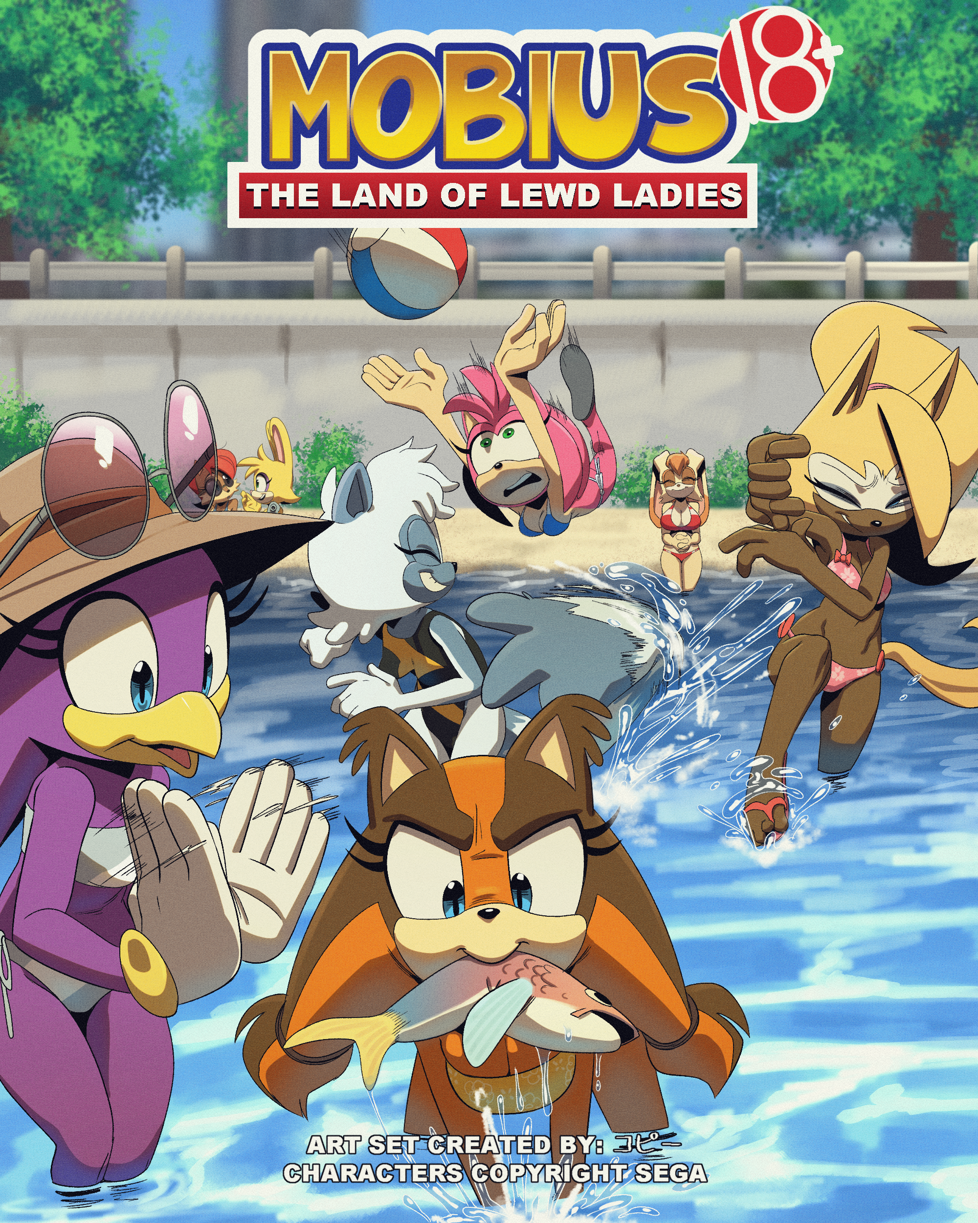 2023, 4:5, 6+girls, 8girls, absurd res, all fours, amy rose, anthro, archie comics, avian, badger, bathing, beach, big breasts, bikini, bird, breasts, bunnie rabbot, canid, canine, canis, chipmunk, cleavage, clothed, clothing, day, detailed background, digital media (artwork), english text, eulipotyphlan, eyewear, eyewear on head, falling, female, female only, fish meat, food, ground squirrel, group, hat, headgear, headwear, hedgehog, hi res, hirundinid, idw publishing, inflatable, lagomorph, lemur, leporid, mammal, meat, multiple females, multiple girls, mustelid, musteline, one-piece swimsuit, oscine, outside, partially submerged, passerine, primate, rabbit, rodent, sally acorn, sciurid, seaside, sega, sonic (series), sonic boom, sonic riders, sonic the hedgehog (archie), sonic the hedgehog (comics), sonic the hedgehog (idw), sonic the hedgehog (series), splash, squirrel, standing, sticks the badger, sticks the jungle badger, strepsirrhine, sunglasses, sunglasses on head, swallow (bird), swimwear, tangle the lemur, text, thehumancopier, two-piece swimsuit, vanilla the rabbit, water, wave the swallow, wet, whisper the wolf, wolf