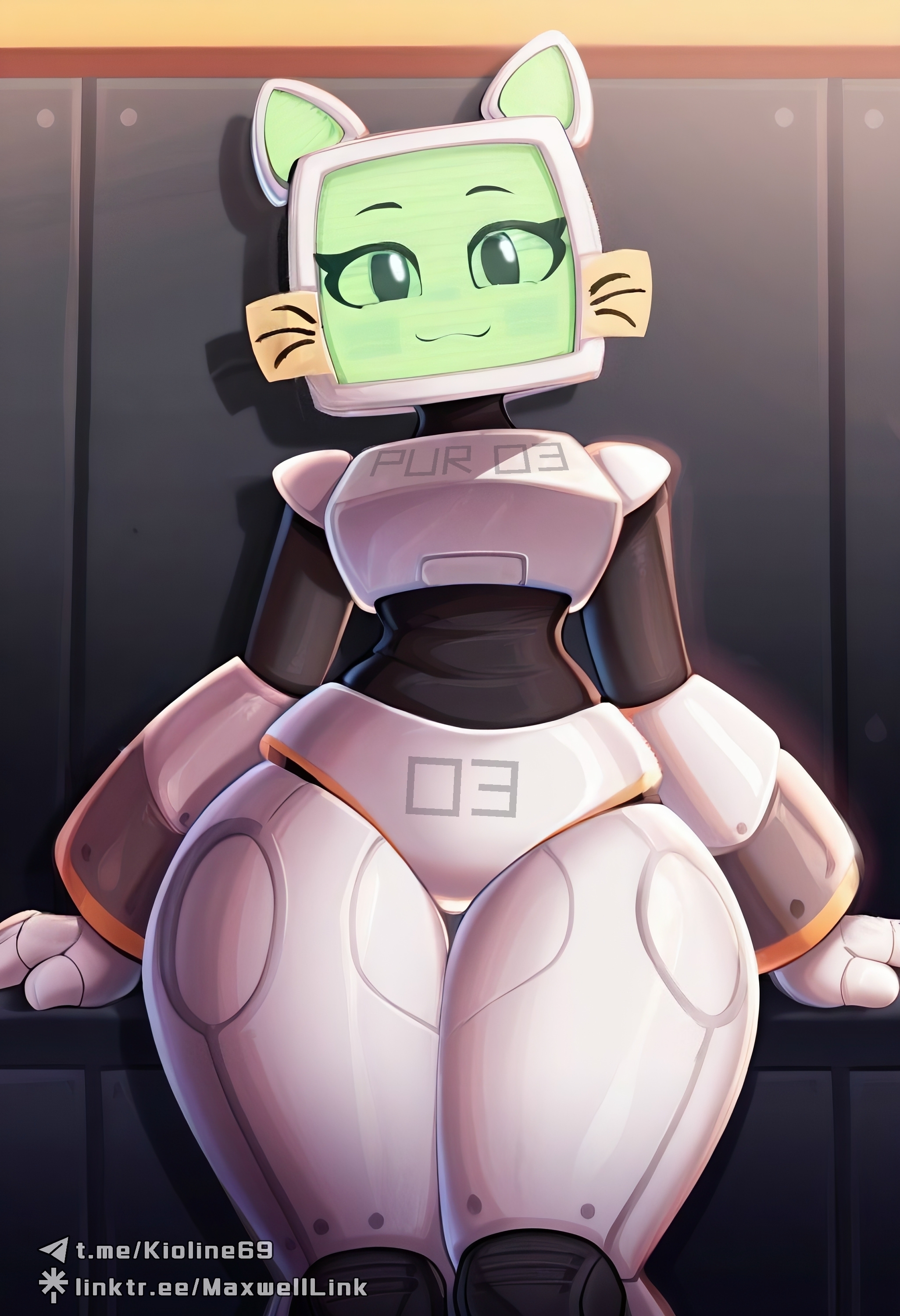 ai assisted, ai generated, civitai, female, fuch animations, kioline, pur 03, robot, robot girl, robot humanoid, screen face, thick thighs, tv, tv head, wide hips