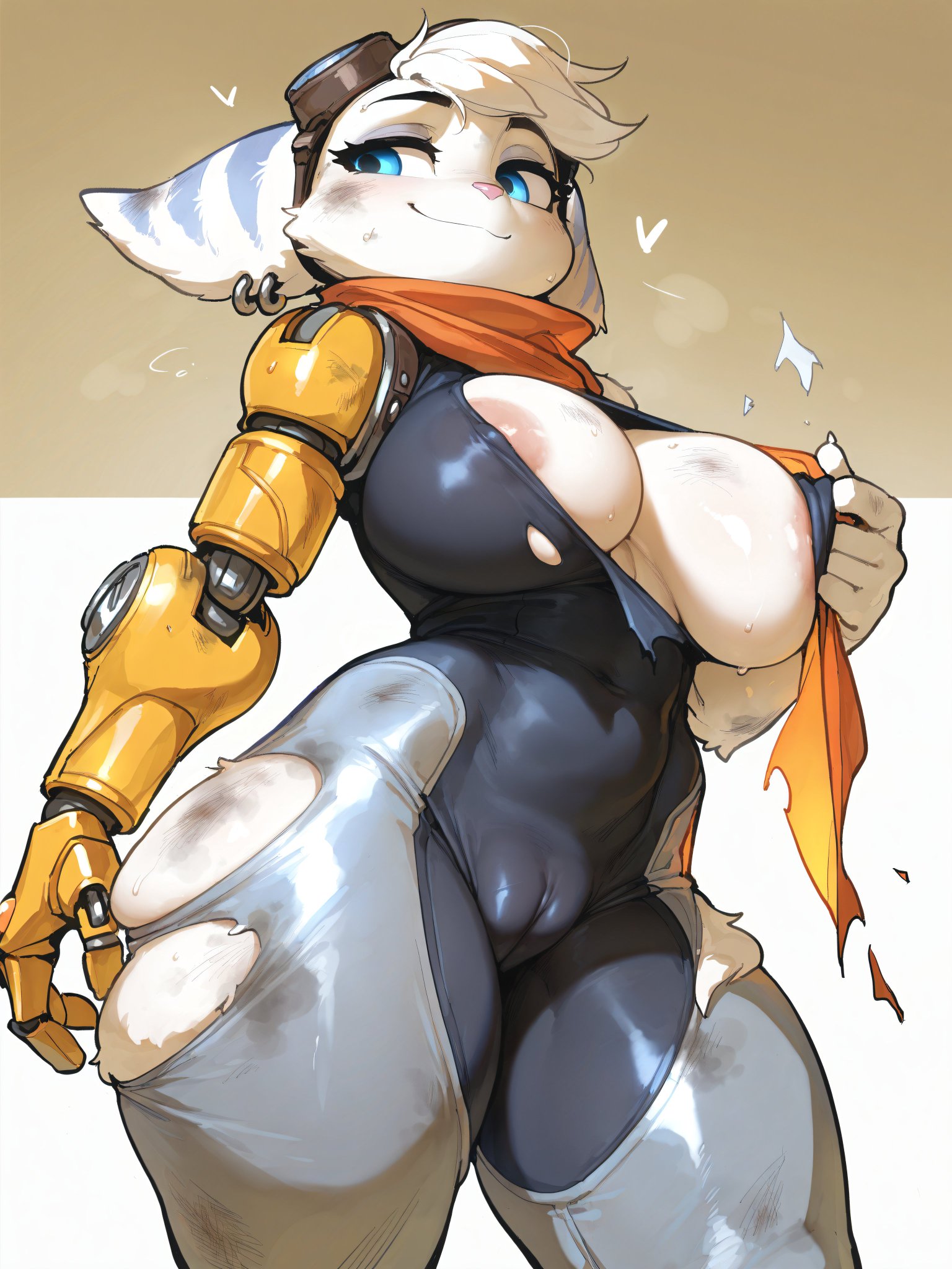 ai generated, animal ears, areolae visible through clothing, bare thighs, big breasts, blue eyes, breasts, female, fur, furry, furry female, glasses on head, grey body, grey fur, grey skin, huge breasts, huge thighs, massive breasts, metal arm, oatmealdood, pussy, pussy visible through clothes, ratchet and clank, ratchet and clank: rift apart, ripped clothing, rivet (ratchet and clank), smiling, solo anthro, squatting, sweat, sweatdrop, thick thighs, thighs