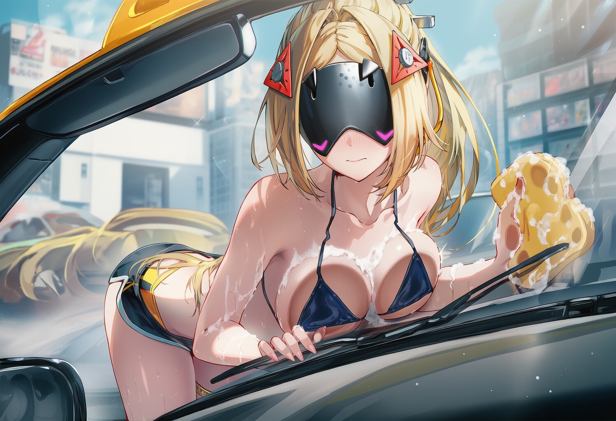 ai generated, bikini top, breasts, car, carwash, cleaning tool, female, female focus, female only, raaicave, trigger (zenless zone zero), windshield, windshield breast press, zenless zone zero