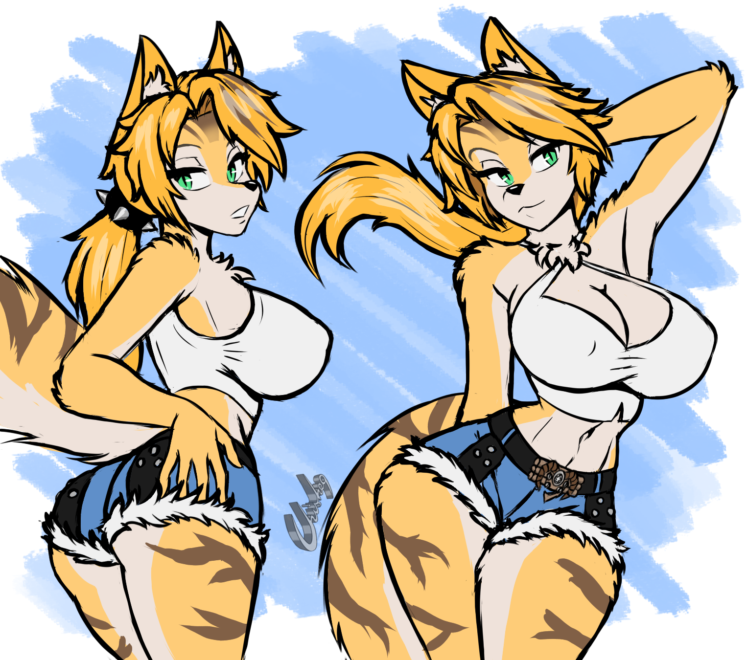 2025, anthro, arm tuft, ass, belt, big breasts, blonde hair, bottomwear, breasts, chisheq, clothing, crop top, denim, denim bottomwear, denim clothing, denim shorts, elbow tuft, eyebrows, felid, female, fur, green eyes, hand on hip, hi res, hip tuft, inner ear fluff, mammal, midriff, mihoyo, navel, ponytail, pulchra fellini, shirt, shorts, shoulder tuft, solo, thigh gap, thiren, topwear, tuft, white body, white fur, wide hips, yellow body, yellow fur, zenless zone zero