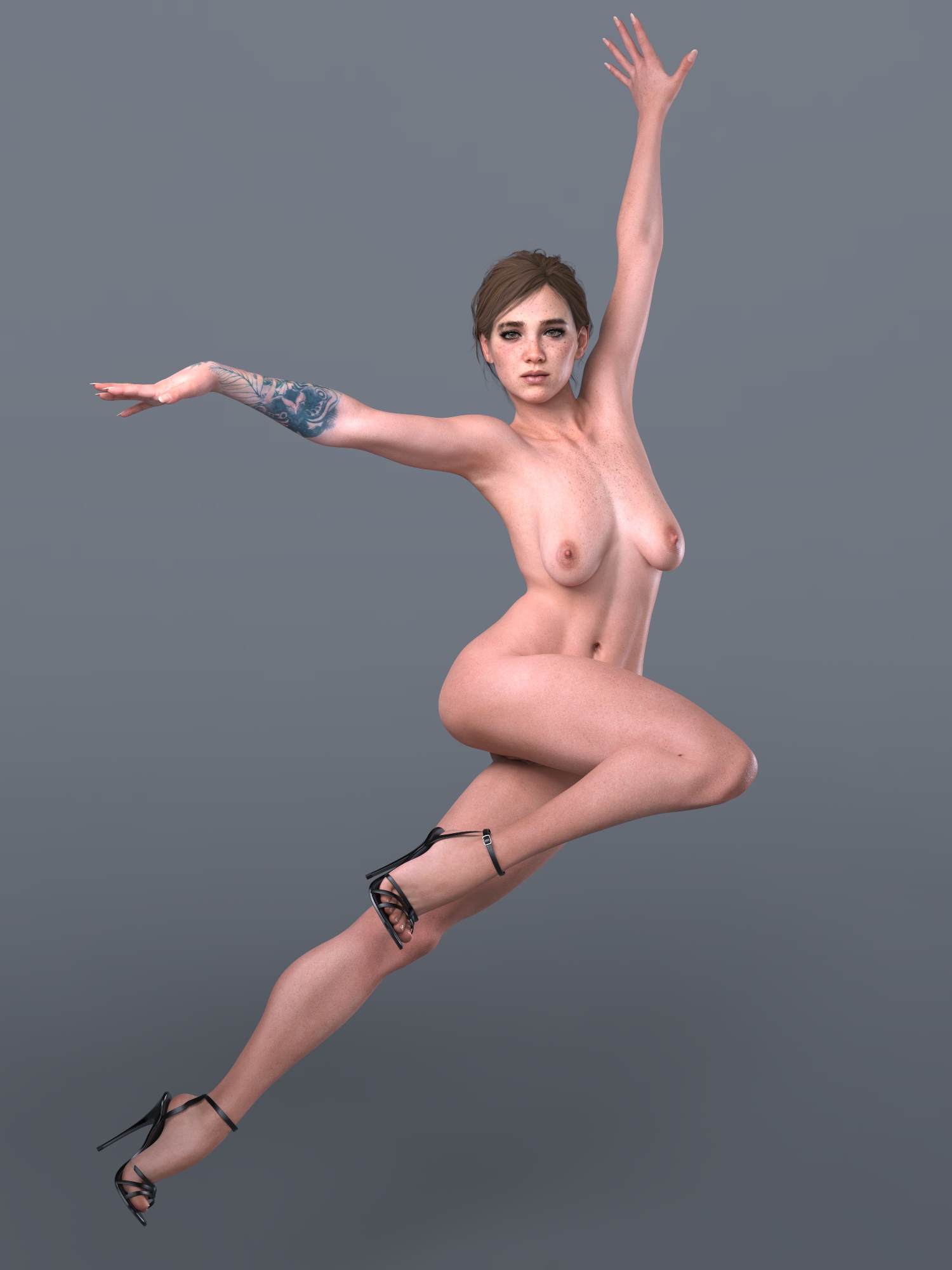 1girls, 3d, arm up, breasts, daz studio, ellie (the last of us), ellie williams, feet, female, female only, footwear, footwear only, full body, full color, high heels, high heels only, jumping, medium breasts, naked footwear, no penetration, nude, nude female, skinny, solo, solo female, tattoo, the last of us, the last of us 2, toes, toned, toned female, zauselzaus