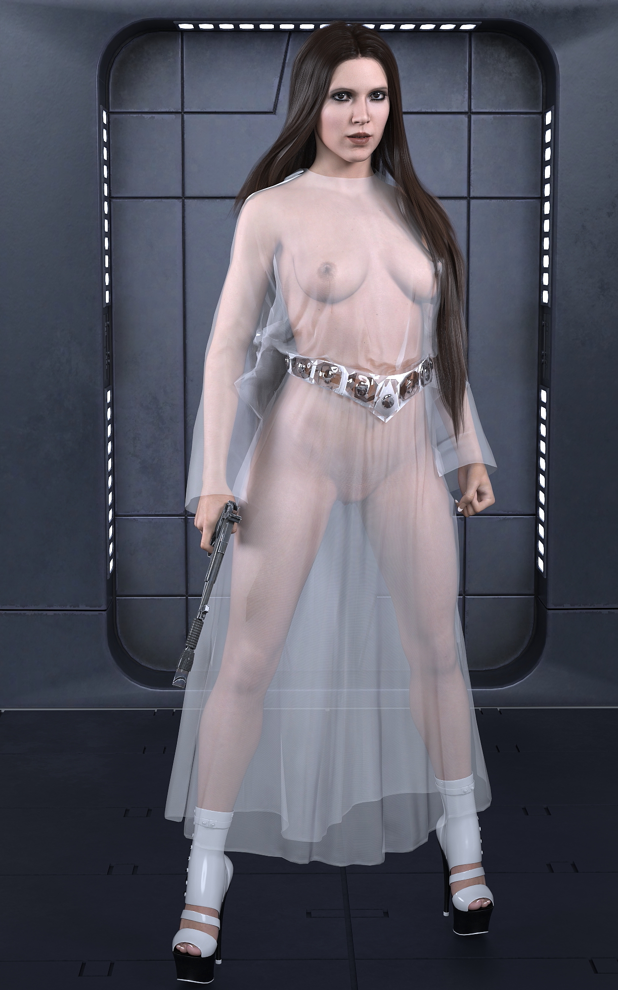 1girls, 2d, daz studio, dress, female, female only, full body, functionally nude, hair down, high heels, holding weapon, long hair, nipples, platform heels, princess leia organa, pussy, rebel (star wars), see-through, see-through clothing, shaved pussy, solo, star wars, translucent clothing, transparent dress, weapon, zauselzaus