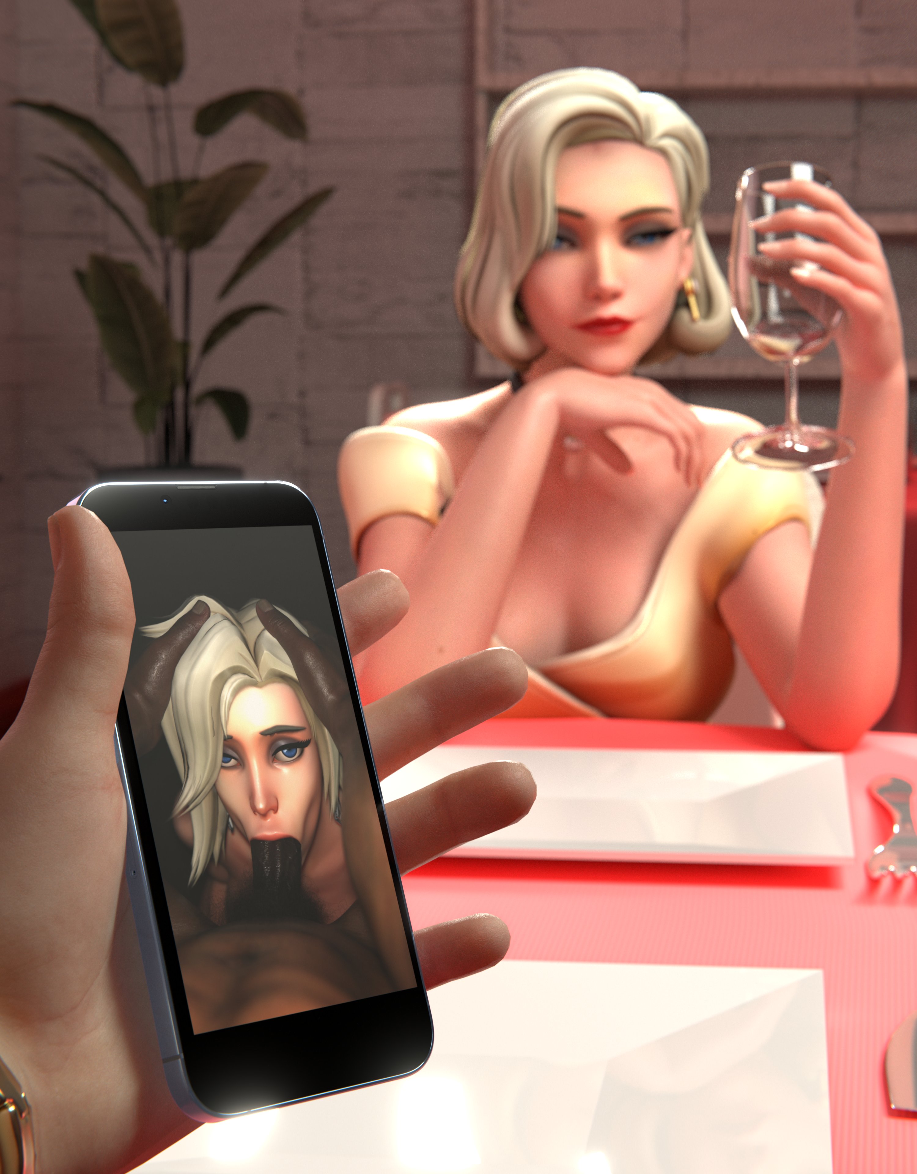 1girls, 2boys, 3d, angela ziegler, blizzard entertainment, blonde female, blonde hair, blowjob, blowjob face, blue eyes, cabezadeperro00, cheating, cucked via screen, cuckold pov, dark skin, dark-skinned male, date, date night, dinner, dress, eyeshadow, fancy clothing, fellatio, female, formalwear mercy, genji, huge cock, interracial, juxtaposition, light skin, light-skinned female, lipstick, male, mature female, mercy, milf, netorare, ntr, oral, oral sex, overwatch, overwatch 2, pale skin, pale-skinned female, penis, phone, phone screen, pleasure face, pov, pubes, pubic hair, red lipstick, smile, smiling at viewer, smug face, sucking, sucking penis, teasing, teasing cuck, white female