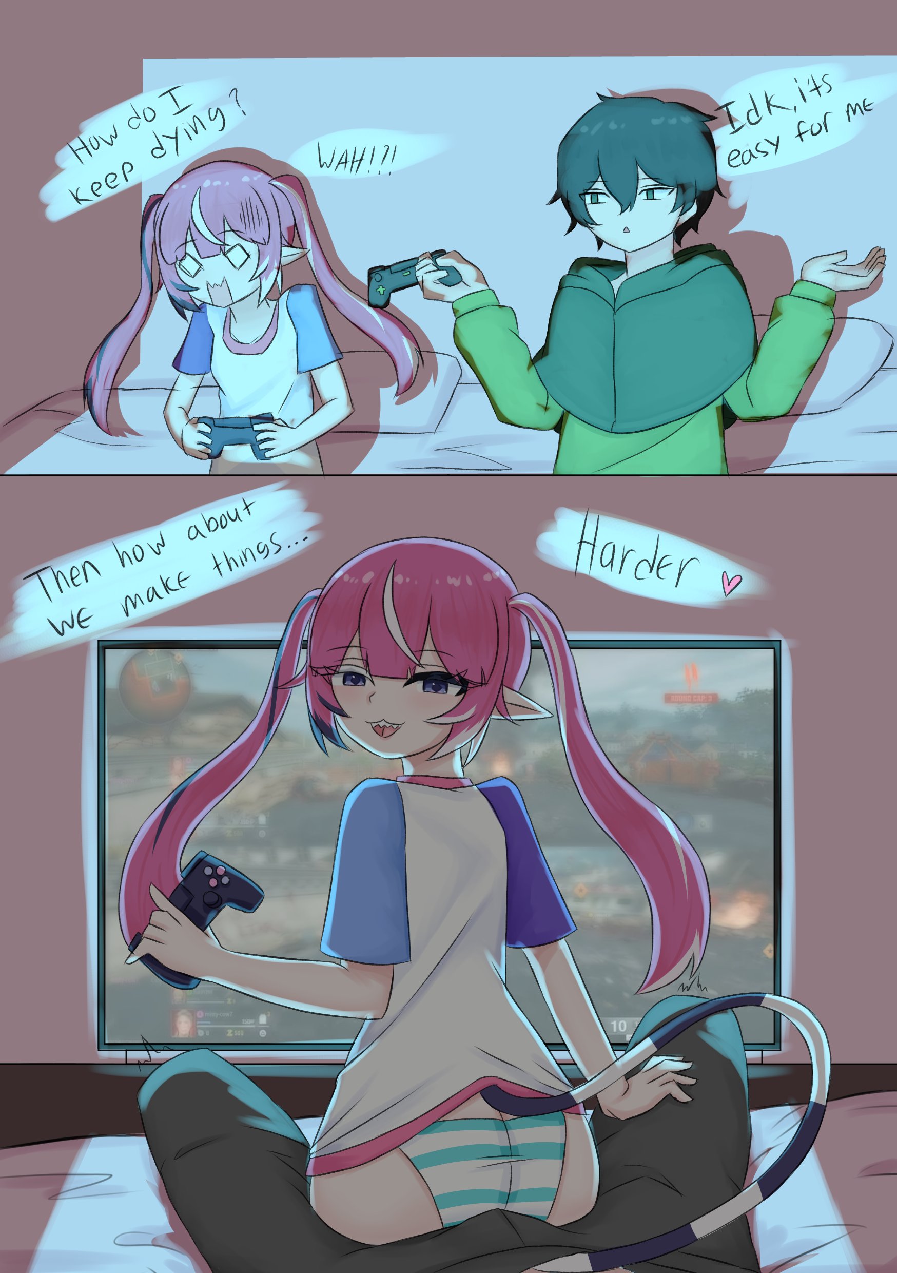 1boy, 1girls, blue striped panties, camila (vtuber), controller, female, green eyes, green hoodie, imp, indie virtual youtuber, male, pink hair, pointy ears, purple eyes, szpecter, t-shirt, tail, teasing, tshirt, vedal987, virtual youtuber, vtuber