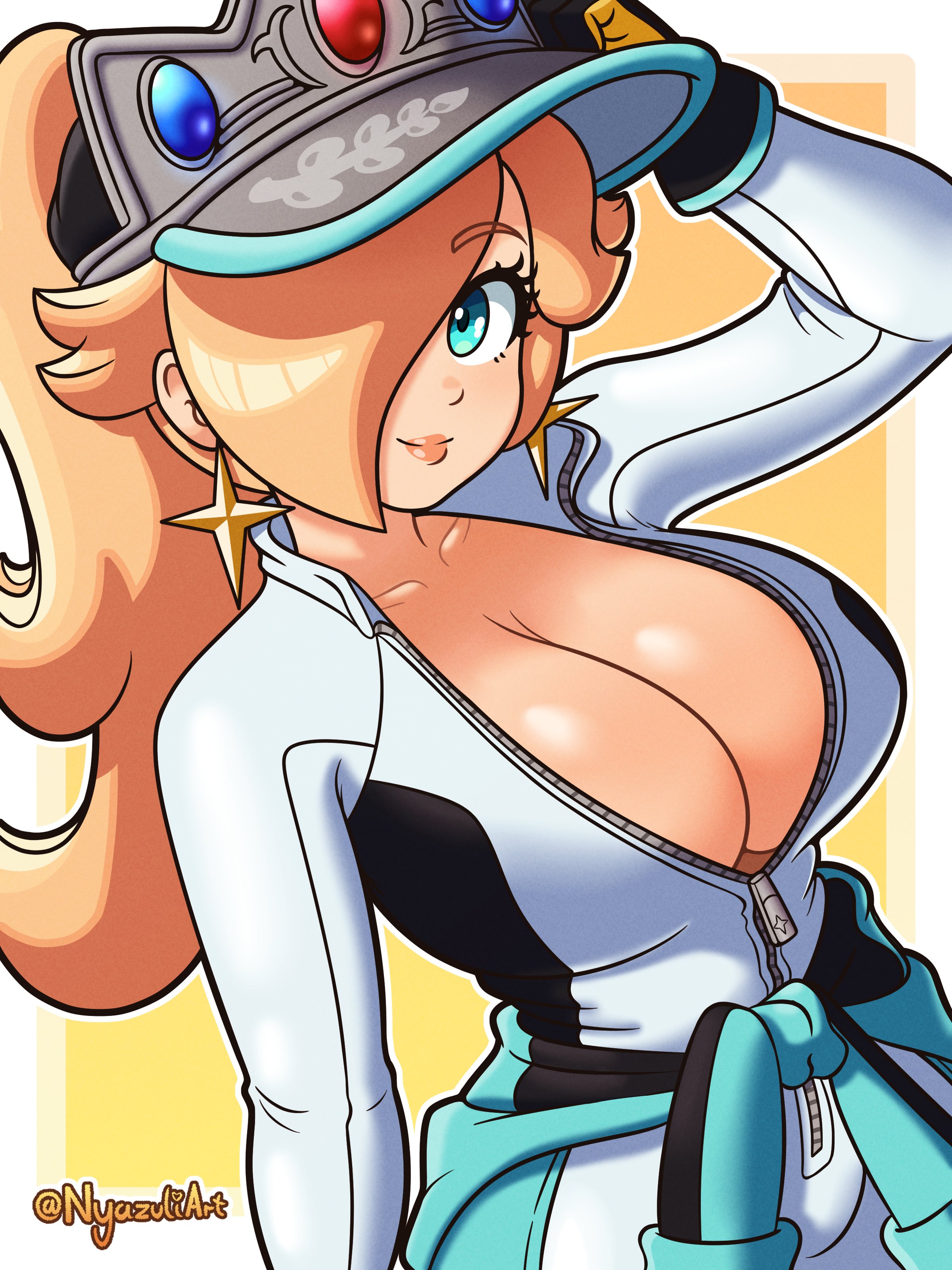 1girls, 2025, about to burst, artist name, ass, barely contained, barely contained breasts, barely fits, big ass, big breasts, blonde female, blonde hair, blonde-haired female, bodysuit, boob window, breasts, breasts too big, bursting breasts, cleavage, cleavage window, clothed, clothed female, clothing, ear piercing, earrings, english, english text, female, female focus, female only, fully clothed, fully clothed female, gloves, hair over one eye, imminent wardrobe malfunction, light skin, light-skinned female, mario (series), mario kart, mario kart world, nintendo, nyazuliart, official alternate costume, pierced ears, piercing, piercings, ponytail, princess rosalina, princess rosalina (pro racer), racing suit, solo, solo female, solo focus, star earrings, strained zipper, super mario bros., super mario galaxy, text, thick thighs, thighs, tight fit, too tight, undersized clothes, undersized clothing, wardrobe malfunction, zipper, zipper down, zipper pull tab