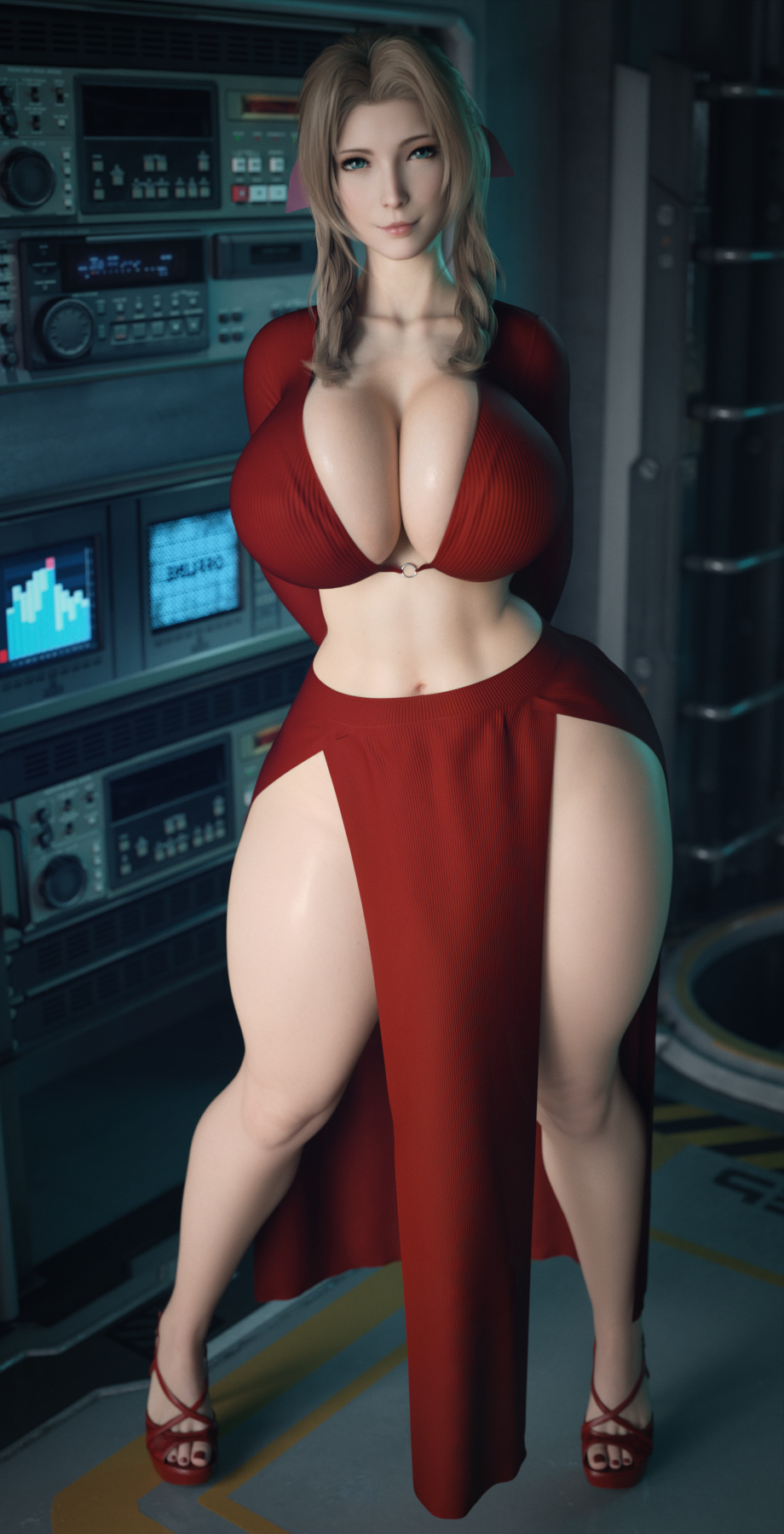 1futa, 3d, aerith gainsborough, barely visible penis, final fantasy, final fantasy vii, final fantasy vii remake, futa only, futanari, heels, huge cock, implied futa, intersex, penis, red shoes, solo, stevencarson