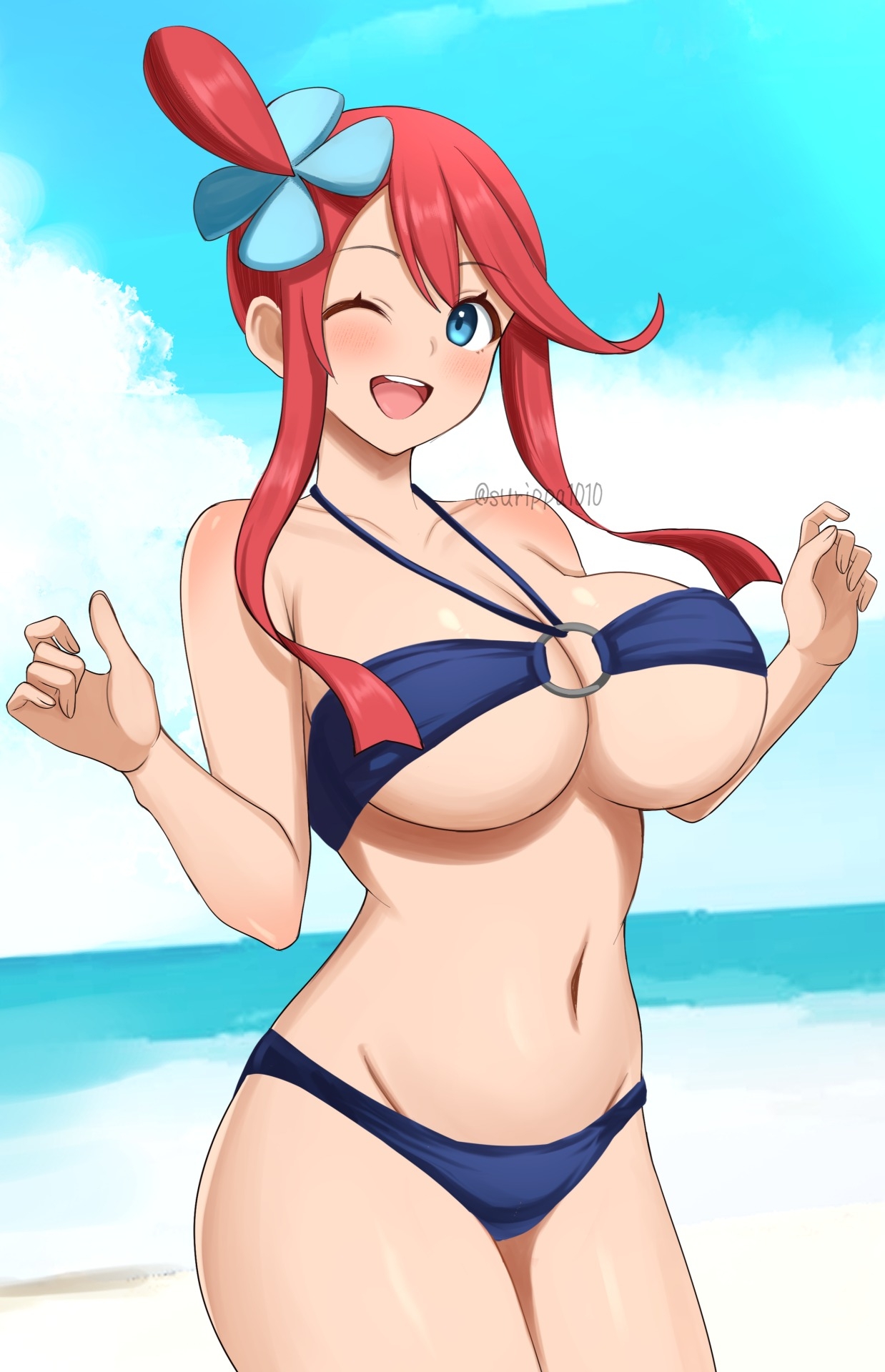 1girls, alluring, beach, blue eyes, blue sky, female, nintendo, ocean, pin up, pokemon, pokemon (anime), pokemon rse, pokemon rse (anime), red hair, skyla (pokemon), surippa1010