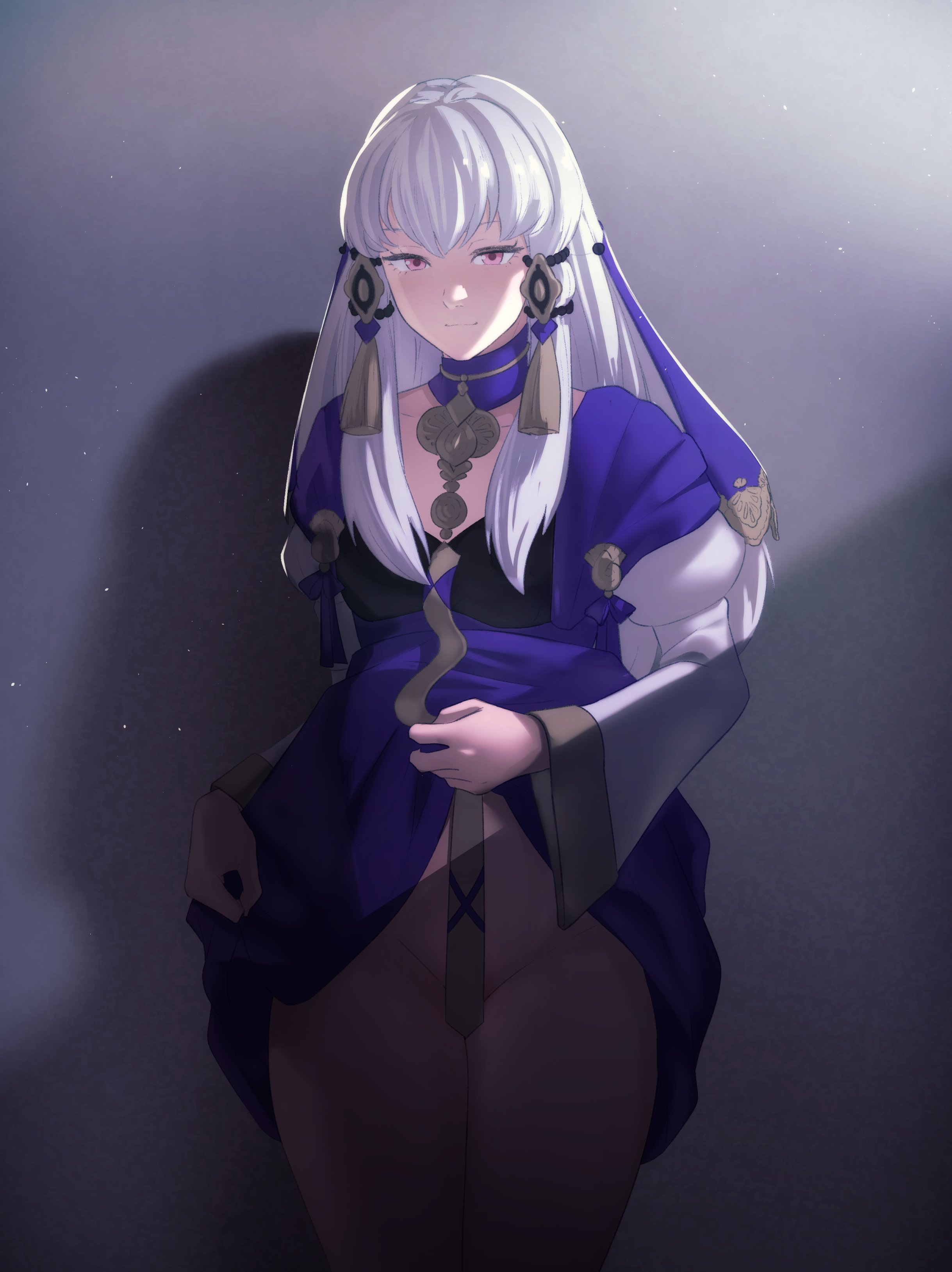1girls, absurdres, bare thighs, breasts, clothes lift, collarbone, convenient censoring, dress, dress lift, female, female only, fire emblem, fire emblem: three houses, highres, long hair, long sleeves, looking at viewer, lysithea von ordelia, lysithea von ordelia (timeskip), nintendo, no panties, noblewoman, pink eyes, pomelomelon, shadow, small breasts, smile, solo, standing, thighs, white hair, wide sleeves
