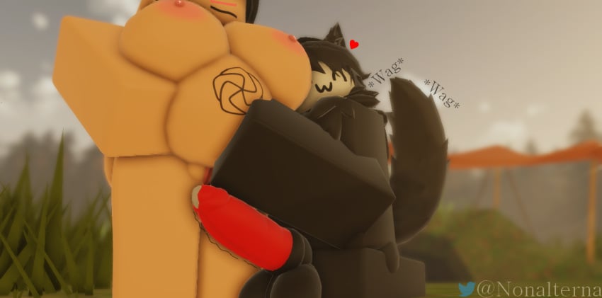 ^ ^, 1boy, 1girls, 3d, anthro, anthro on human, balls, black fur, black hair, breasts, female, furry, happy, happy male, holding belly, hugging, large balls, large belly, large breasts, large penis, male, nonalterna, on knees, outdoors, penis, pregnant, roblox, robloxian, self upload, tattoo on belly, twitter username, wagging tail