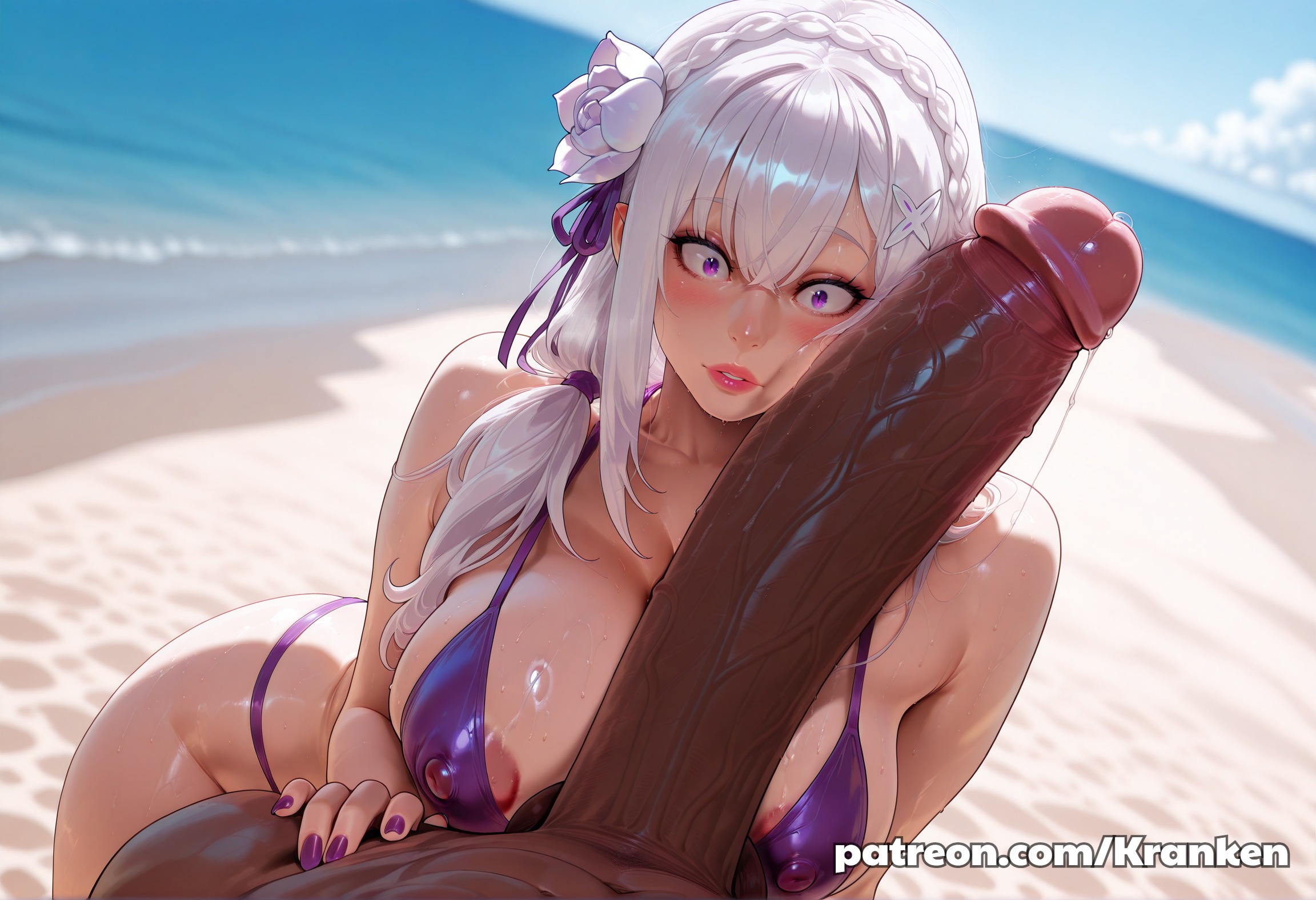 1boy, 1girls, ai generated, balls, beach, beach background, beach sex, big breasts, big cock, big penis, bikini, breasts, cock, cock shock, dark skin, dark-skinned male, emilia (re:zero), eye contact, eyes, female, female focus, fringe, gigantic penis, huge balls, huge cock, imminent fellatio, imminent oral, imminent rape, imminent sex, interracial, interspecies, kranken, large penis, light skin, light-skinned female, long hair, long penis, male, male/female, nipple bulge, nipples, nipples visible through clothing, oral, patreon, patreon url, patreon username, penis, penis on face, pointy ears, pov, purple bikini, purple eyes, re:zero kara hajimeru isekai seikatsu, sea, seaside, shock, shocked, shocked expression, shocked eyes, surprised, white hair