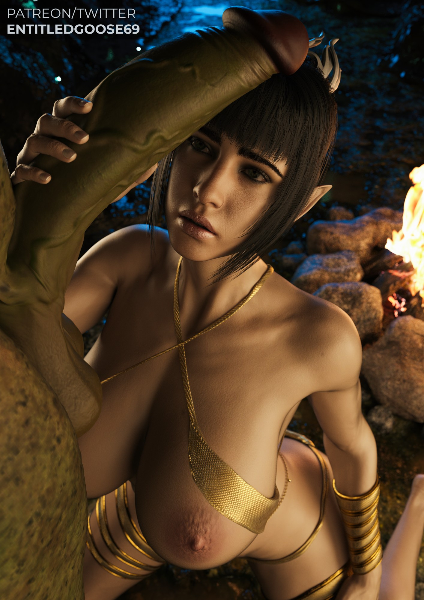 1boy, 1girls, 3d, 3d (artwork), areolae, baldur's gate 3, bangs, big breasts, black hair, bracelet, braid, breasts, breasts out, campfire, cock worship, dress, dungeons and dragons, elf, entitledgoose, female, green eyes, huge cock, kneeling, lipstick, looking at penis, male, night, nipples, nude, nude male, on knees, orc, orc male, penis, penis awe, pointy ears, scar, shadowheart, veiny penis, wizards of the coast