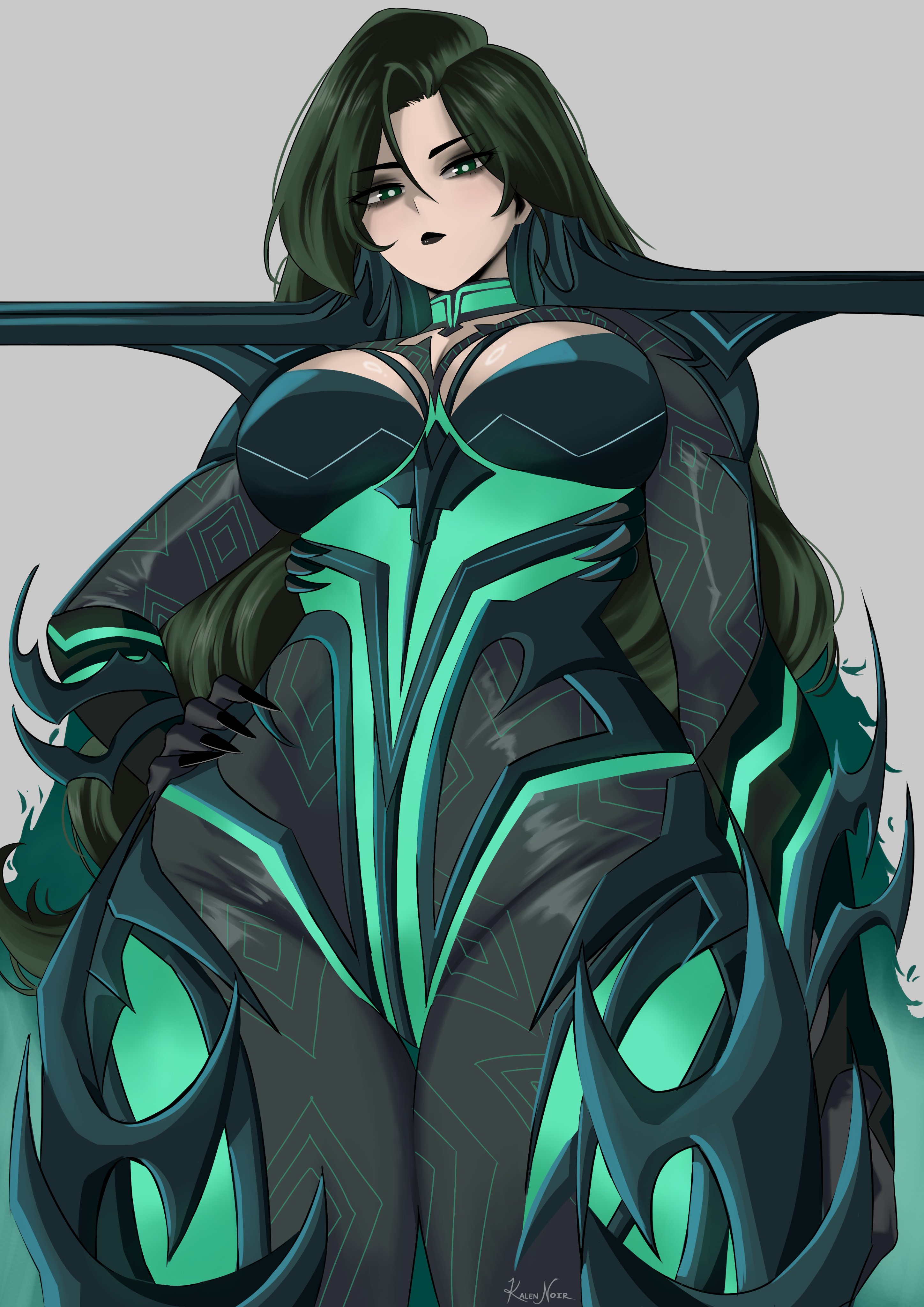 1girls, 2025, 2d, 2d (artwork), artist name, artist signature, big breasts, black fingernails, black hair, black lipstick, breasts, cape, cleavage, clothed, clothed female, curvaceous, curvaceous female, curvaceous figure, curvaceous hips, curves, curvy, curvy body, curvy female, curvy figure, curvy hips, expressionless, female, female only, fully clothed, goddess, green eyes, green hair, grey background, hair down, hand on hip, hela, hela (marvel rivals), hips, kalennoir, long hair, looking down, looking down at viewer, marvel, marvel comics, marvel rivals, mascara, pale skin, pale-skinned female, questionable, sfw, sharp fingernails, simple background, solo, solo female, straight hair, supervillainess, thick thighs, thighs, unmasked, villainess, wavy hair, white background