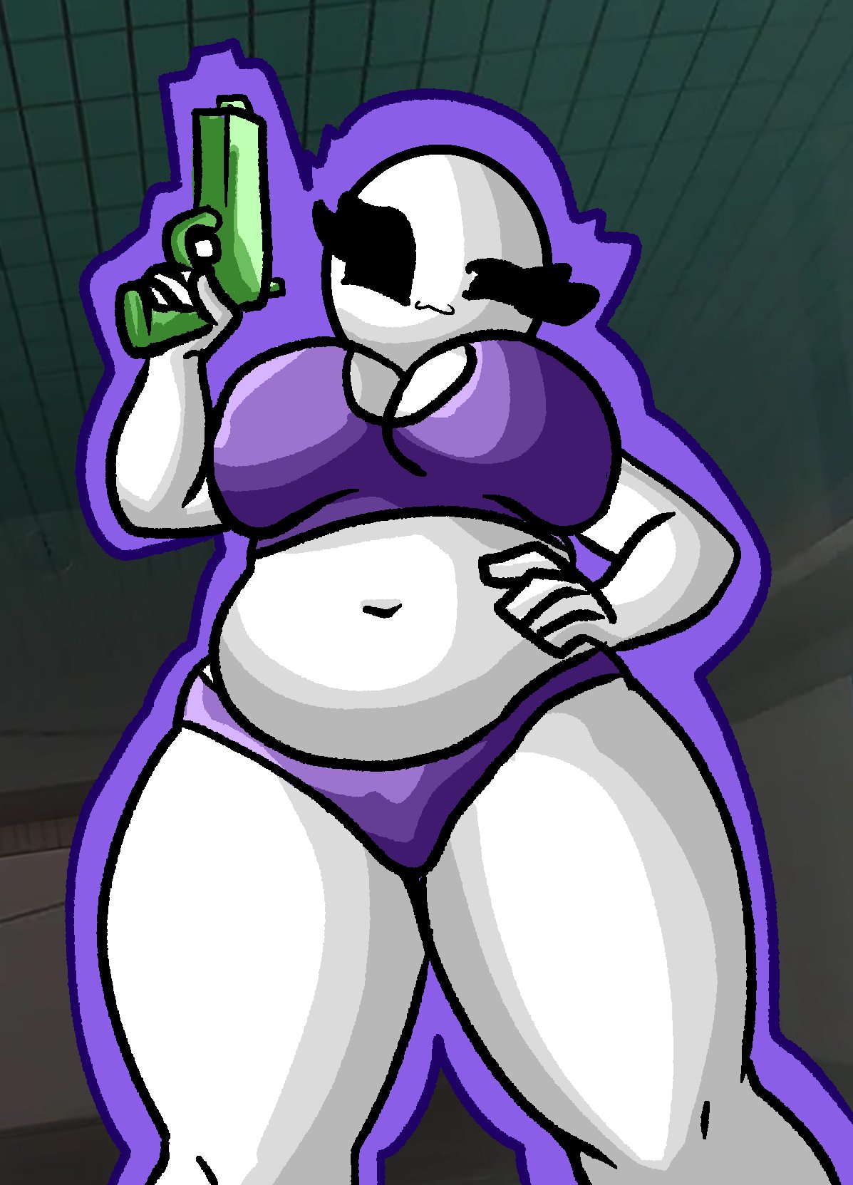 1girls :3 bald bald_female belly belly_button bikini black_eyes breasts chetoh chubby chubby_female claire_(chetoh) egg female female_focus female_only hand_on_hip holding_object looking_at_viewer looking_down_at_viewer naked oc original original_character photo_background purple_bikini purple_bikini_bottom purple_bikini_top smile smiling smiling_at_viewer water_gun white_body wink winking_at_viewer