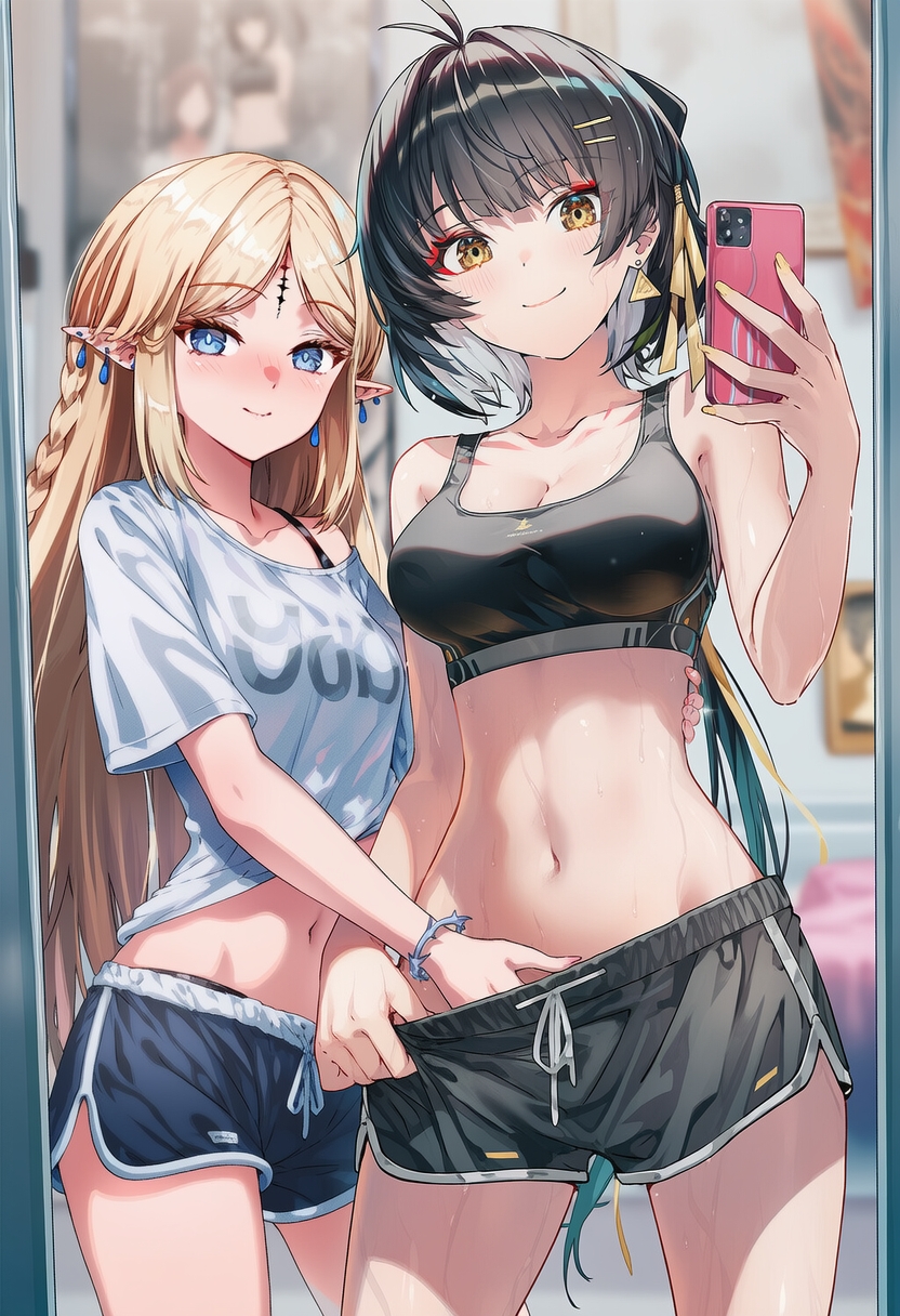 2girls, ai generated, black hair, blonde female, blue eyes, braid, breasts, cartethyia (wuthering waves), clothed, clothing, curvy body, curvy female, curvy figure, dolphin shorts, female, female only, female rover (wuthering waves), fingering, fingering partner, gym clothes, gym uniform, hand near pussy, lesbian, medium breasts, mirror reflection, mirror selfie, phone camera, pussy, raaicave, rover (wuthering waves), small breasts, sports bra, sportswear, sweating, sweating female, wuthering waves, yellow eyes, yuri