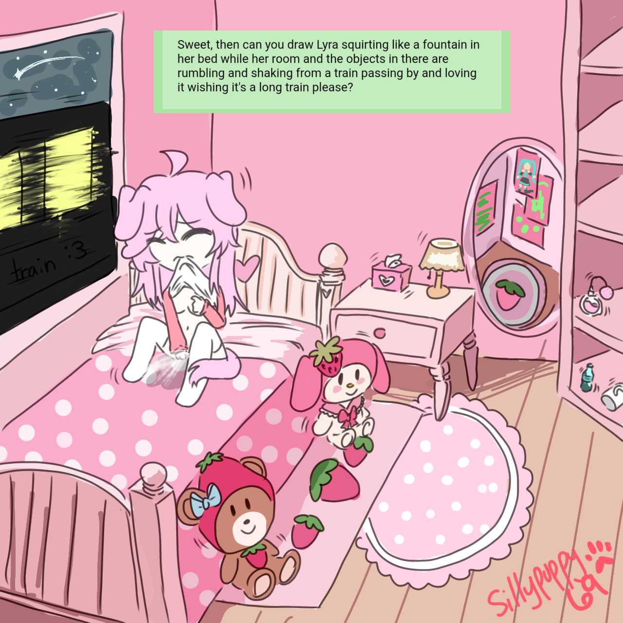 art request, bedroom, biting shirt, breasts, closed eyes, dog girl, female, female only, fingering self, kawaii, knees up, legs apart, masturbation, minimal shading, pink hair, playing with breasts, request, shaking lines, sillypuppy69, solo, squirting, train
