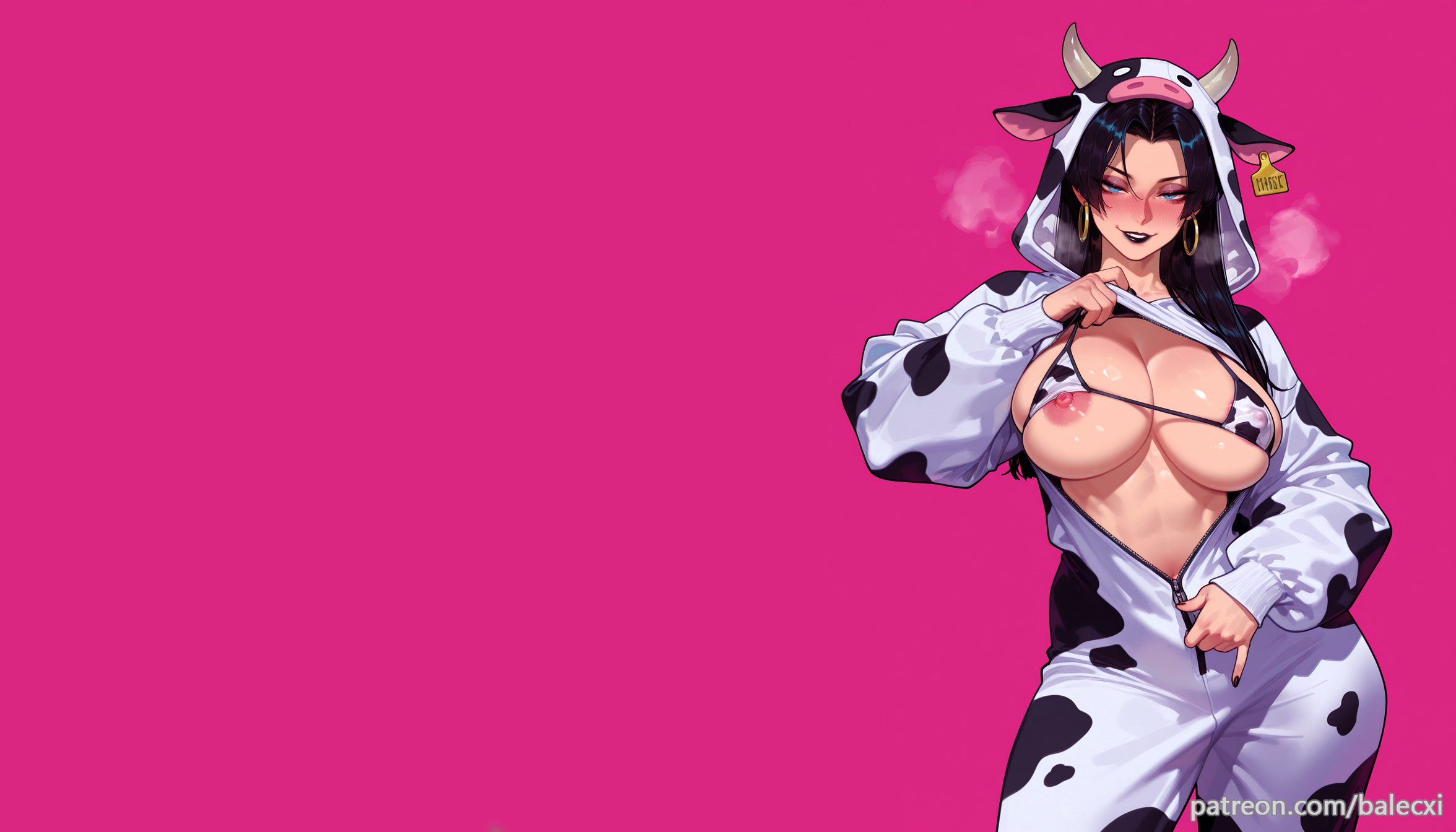 1girls, ai generated, animal costume, animal print, balecxi, black hair, blush, breasts, cow ears, cow print, cow print bikini, female, hood, hoop earrings, horns, jewelry, large breasts, long hair, looking at viewer, marvel, marvel comics, marvel rivals, nipples, pink background, print bikini, psylocke, psylocke (sai) (vengeance), simple background, solo female, swimsuit