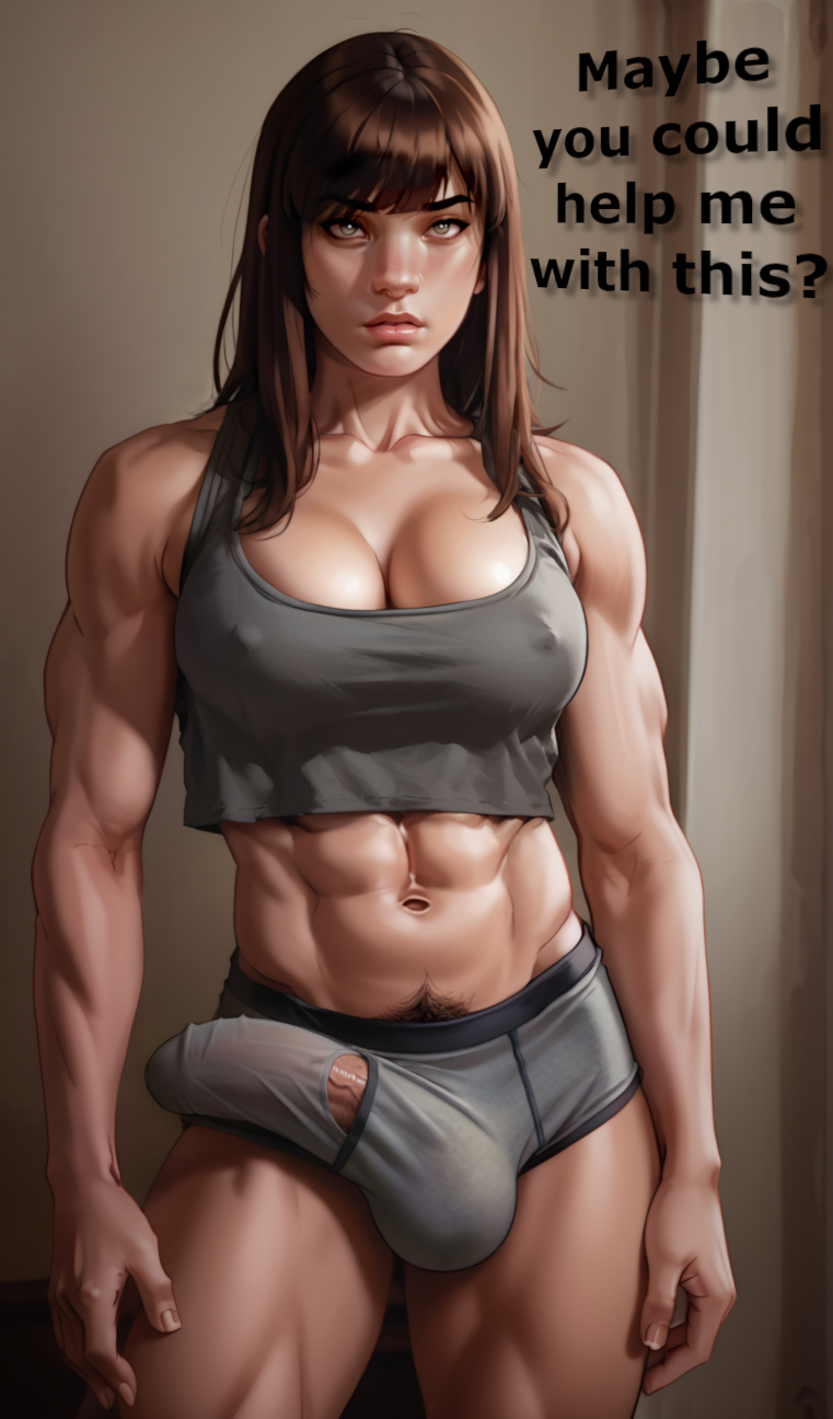 1futa, abs, ai generated, bangs, big breasts, boxers, breasts, bulge, bulge through clothing, dickgirl, english text, fully clothed, futanari, half-erect, hdregrets, intersex, large breasts, large penis, massive penis, muscular, muscular futa, penis, penis under clothes, pubic hair, solo futa, talking to viewer, tank top, text