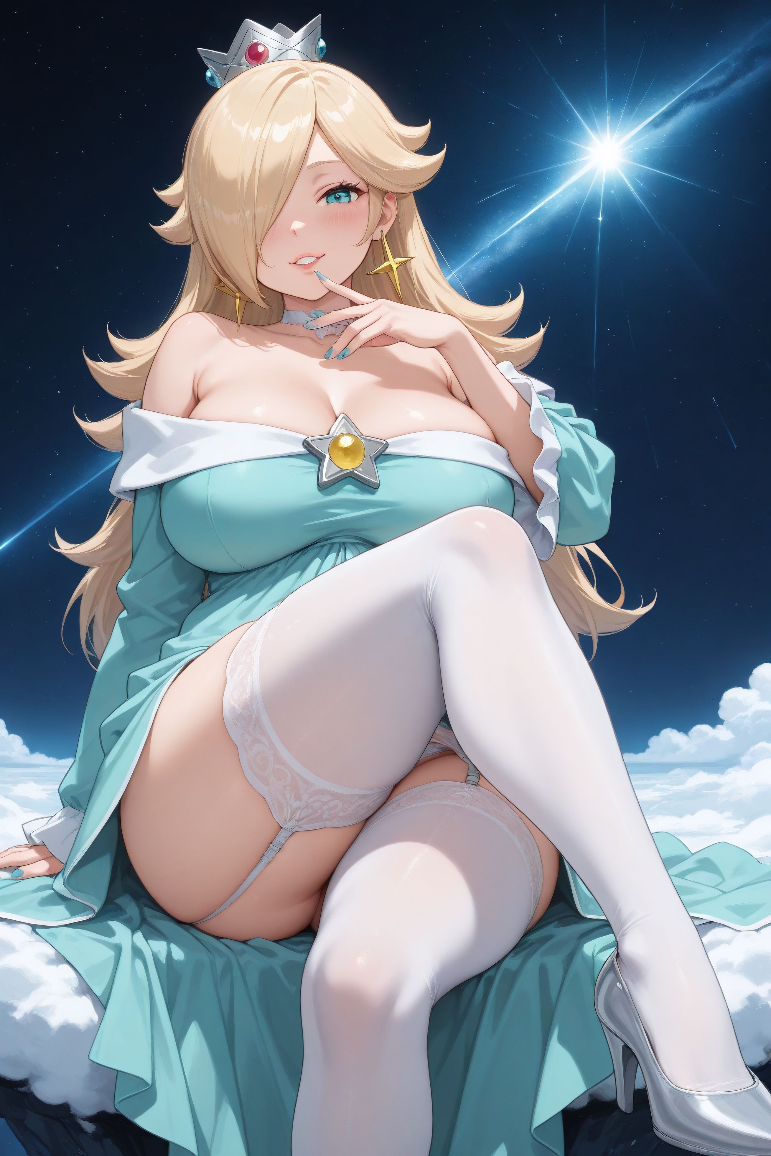 1girls, ai generated, ass, big ass, big breasts, big butt, blonde hair, blue dress, blue eyes, blue fingernails, blush, breasts, choker, cleavage, colored nails, crossed legs, crown, curvaceous, curvaceous female, curvaceous figure, curves, curvy, curvy body, curvy female, curvy figure, curvy hips, curvy thighs, cyan eyes, dress, dress lift, earring, earrings, eyelashes, female, female focus, female only, fingernails, galaxy, garter, garter belt, garter straps, garters, grin, grinning at viewer, hair ornament, hair over one eye, hi res, high heels, high quality, high resolution, highres, hips, hourglass figure, large ass, large breasts, light skin, light-skinned female, lips, lipstick, long bangs, long dress, long hair, mario (series), mature, mature female, mature woman, mommy, night, nintendo, pale skin, pale-skinned female, parted lips, pose, posing, princess, princess rosalina, robe, seductive, seductive look, seductive pose, seductive smile, self upload, sexy pose, sky, smile, smiling, smiling at viewer, space, star, super mario bros., super mario galaxy, thick ass, thick hips, thick legs, thick thighs, thigh highs, thighhighs, thighs, velutinx, voluptuous, voluptuous body, voluptuous female, wide hips, wide thighs, yellow hair