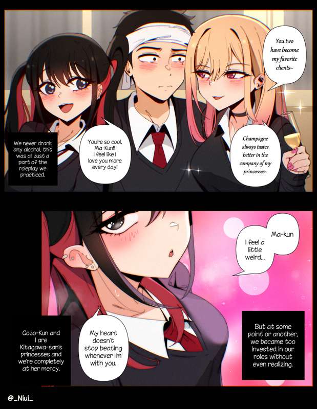 1boy, 2girls, assertive female, bandana, black hair, blonde hair, blush, dialogue, female, ffm threesome, gojou wakana, gothish, gyaru, kitagawa marin, male, niui, ora ora kei, punk, punk girl, red eyes, roleplay, sono bisque doll wa koi wo suru, sugaya nowa, teenager, threesome