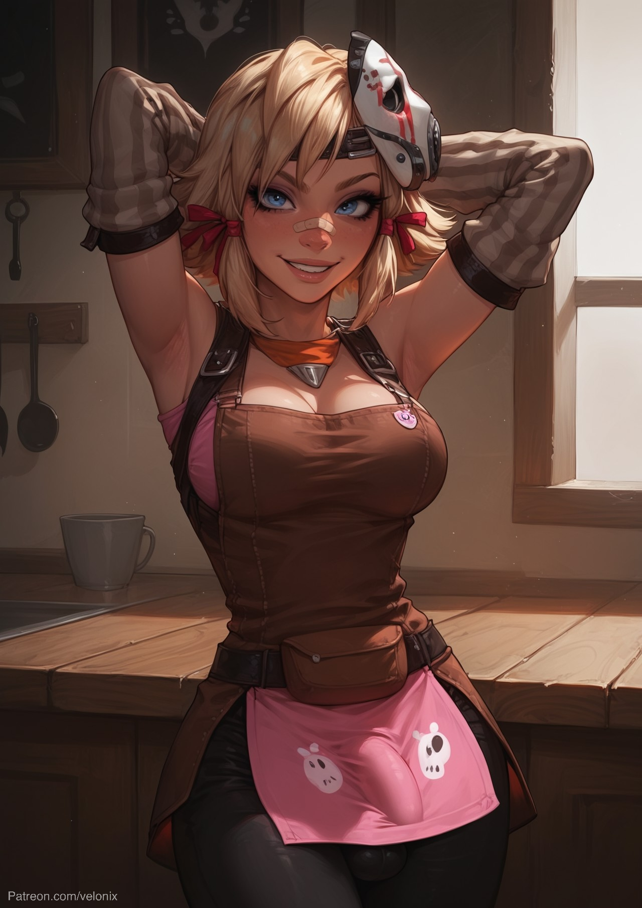 1futa, adult, ai generated, apron, aqua eyes, arm warmers, ass, balls, bandage, bandaid, bandaid on face, big ass, big breasts, big butt, big hips, big penis, blonde female, blonde futa, blonde hair, blonde-haired female, blue eyes, borderlands, borderlands 2, breasts, cleavage, clothed, clothing, dick, dickgirl, eyebrows, eyelashes, female, futa only, futanari, grin, grinning, grinning at viewer, hair, hair ornament, hands-free, huge cock, indoors, intersex, light blue eyes, lips, long hair, looking at viewer, makeup, mask, mature, mature female, mature futa, narrow waist, narrowed eyes, nose, pants, penis, seducing, seductive, seductive eyes, seductive gaze, seductive look, seductive mouth, seductive pose, seductive smile, shirt, side locks, skirt, smile, smile at viewer, smiley face, smooth balls, smooth penis, smooth skin, solo, solo dickgirl, solo focus, solo futa, testicles, tiny tina, velonix